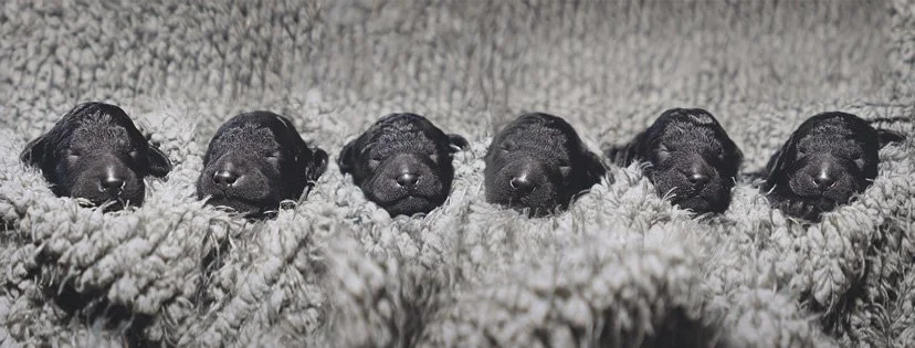 Six newborn black Standard Poodle puppies nestled side by side in a soft, fluffy gray blanket, sleeping peacefully with their tiny faces peeking out.