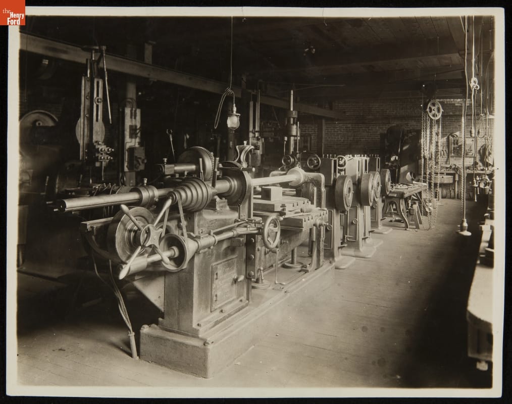 Armington & Sims Engine Co. Providence, Rhode Island, c. 1900. Inside the machine shop, a system of shafts and pulleys distributed mechanical energy to rows of metal working machine tools. The machinists who worked in shops like this could tackle a wide range of jobs making America's nineteenth century machine shops a training ground for many technological innovators. Source: The Henry Ford Collection
