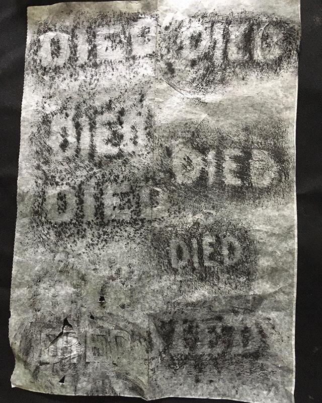 Cemetery rubbings, black conte on deli paper. #died #deathbecomesyou #lastcentury #oldasthehills