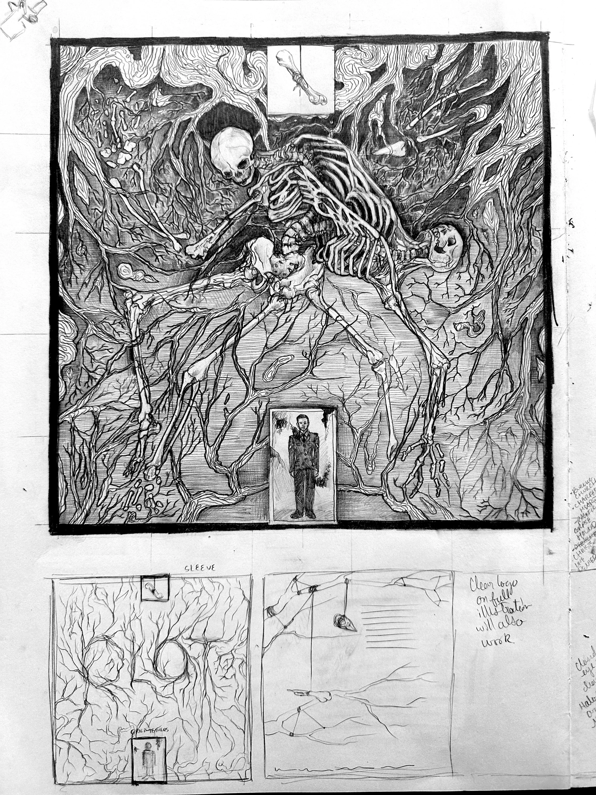 Pencil Sketch of Heavy Metal album cover with intertwined skeletons.