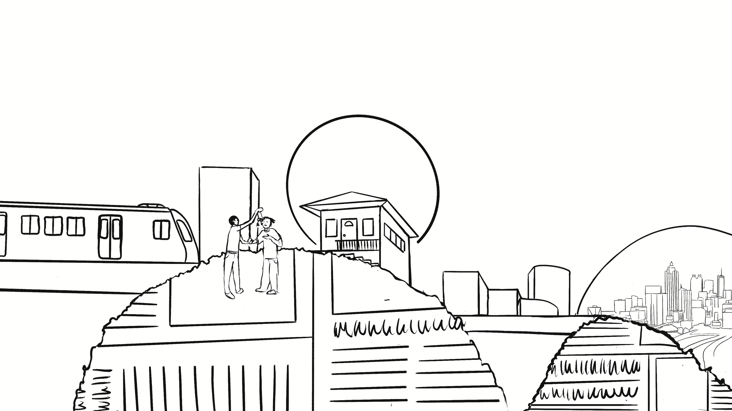 Train goes to prospects island, where they leave the train and enter a building with a banner that says welcome trainees. If possible, more people exit the the building and get back on the train   