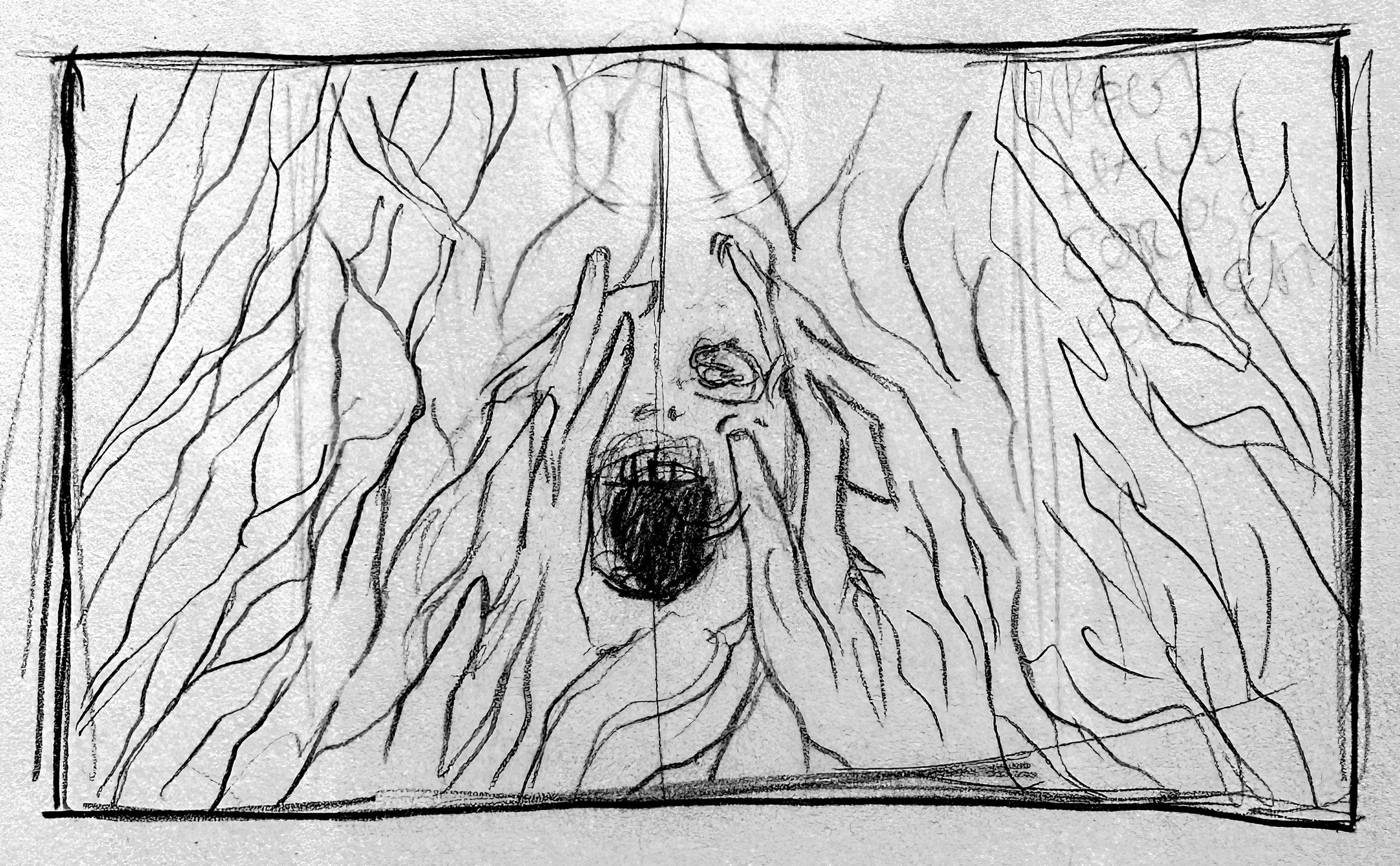 Pencil sketch of a design for a vinyl bi-fold cover featuring a man being pulled underground by roots.