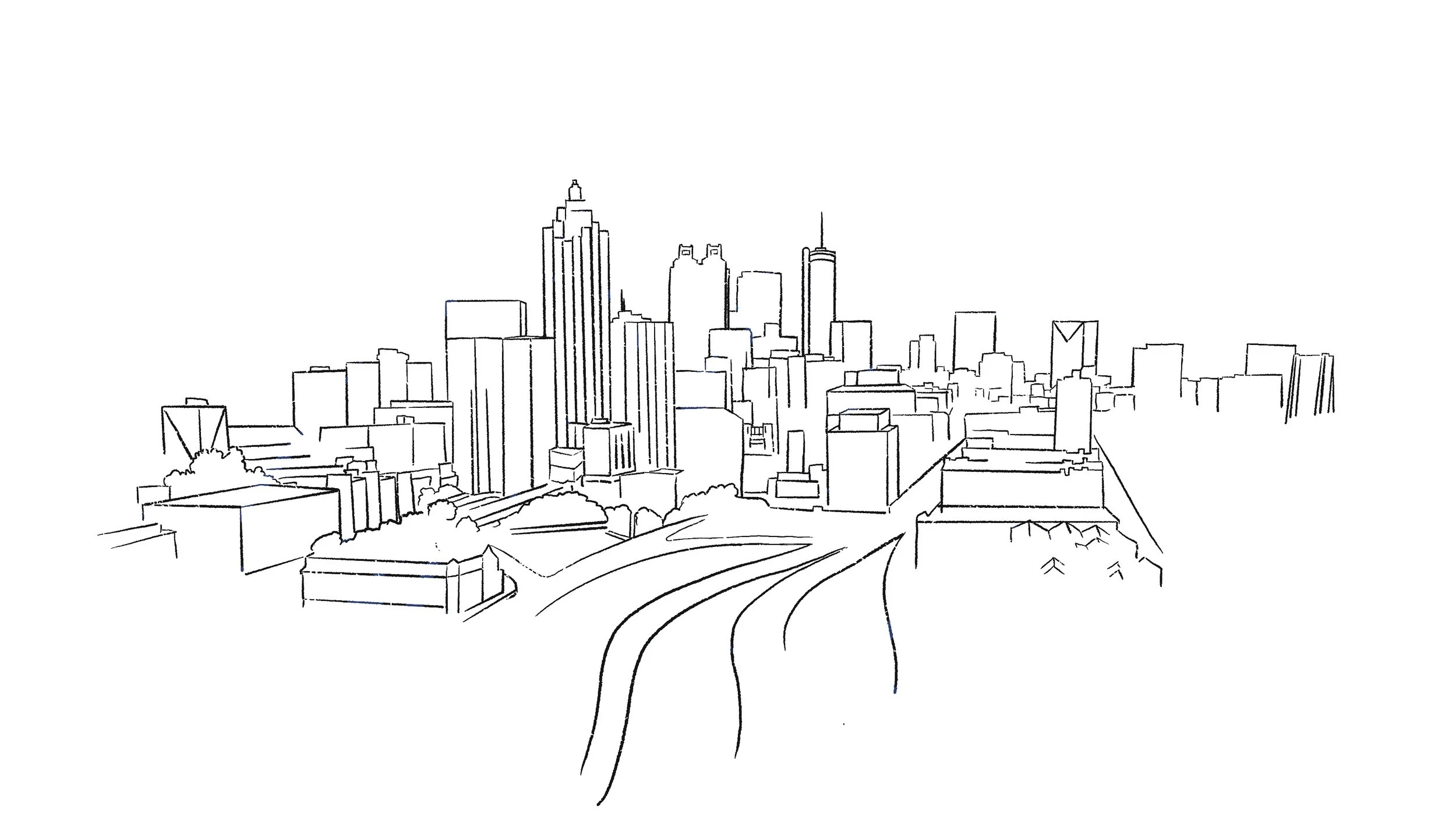 Open on composition of Atlanta skyline, pan up from bottom with “sun”, texture and color behind city like in illustration on next panel. The city begins to pan away into distance, showing hills around it.