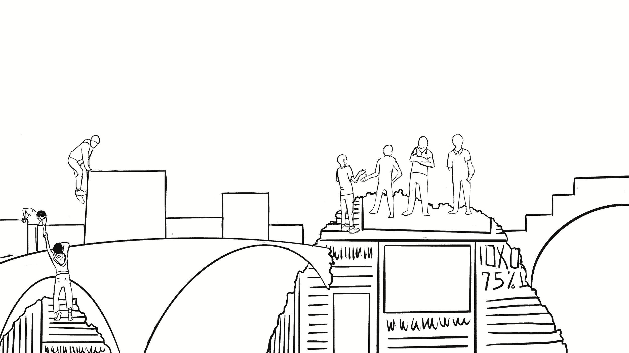 Mentorship Scene, group gets out of the train, mentors are hanging out on the island as we zoom in to see who they are  