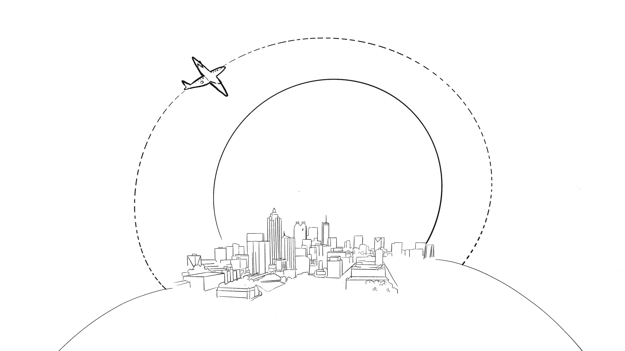 Skyline with plane flying, logo and website