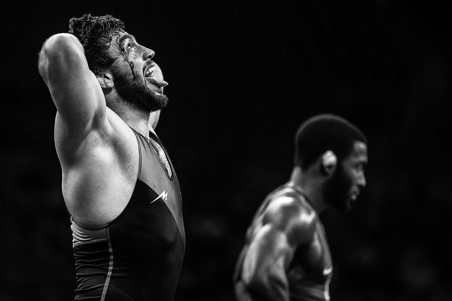  Azerbaijan’s Joshgun Azimov reacts to his victory over America's James Green at 70 kg during the final round of the 2018 Men's Freestyle World Cup at Carver-Hawkeye Arena in Iowa City on April 7, 2018. 