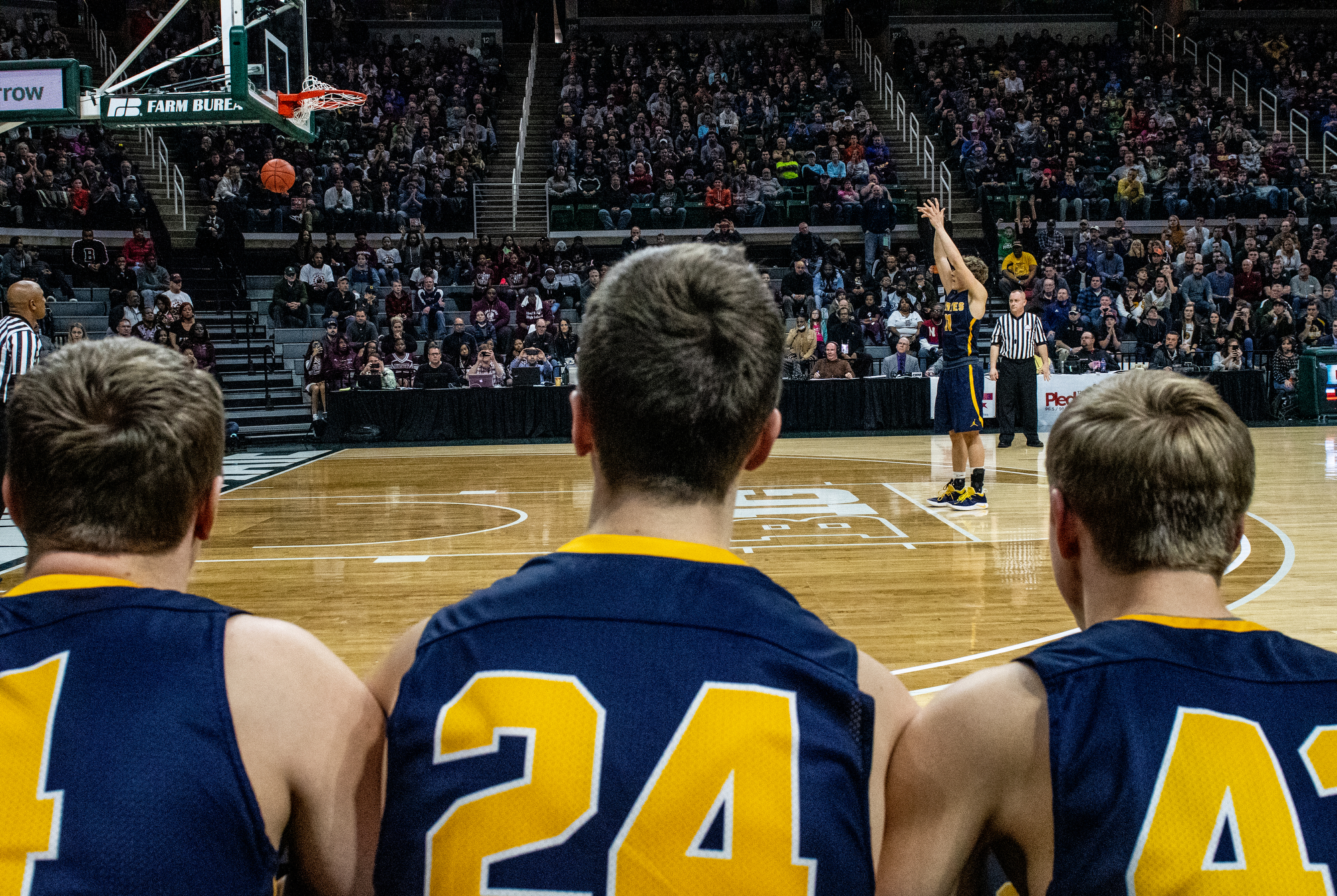  Pewamo-Westphalia's Collin Trierweiler (11) sinks the game-winning free throw, during the MHSAA Division 3 state final boys basketball game between Iron Mountain and Pewamo-Westphalia at Michigan State University's Breslin Center, Saturday, March 16