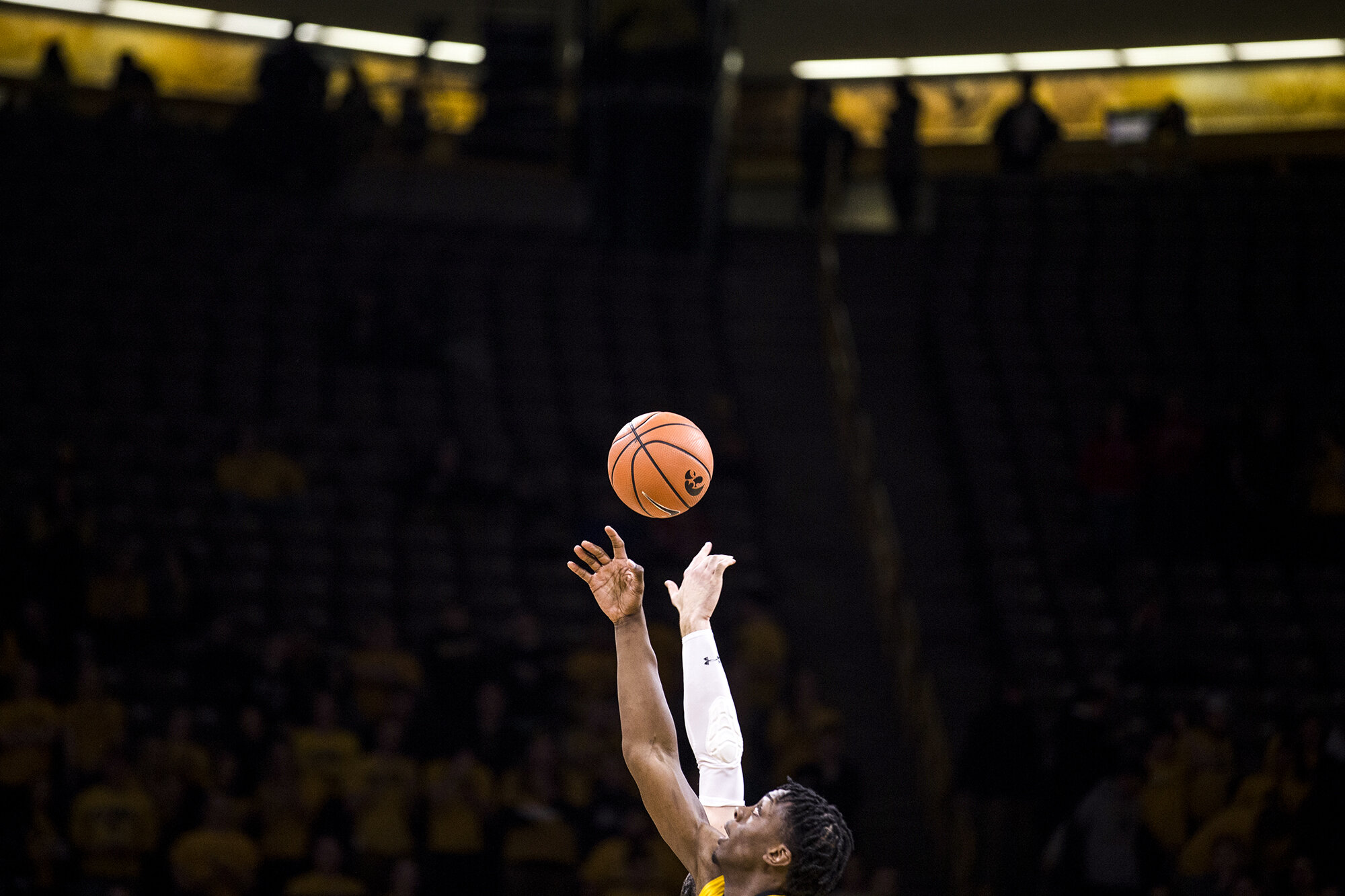  Iowa sophomore forward Tyler Cook jumps during tipoff of the NCAA men's basketball game between Iowa and Wisconsin at Carver-Hawkeye Arena, Jan. 23, 2018 in Iowa City, Iowa. 