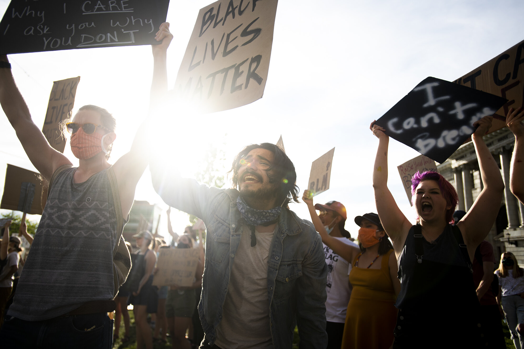  Miguel Angel Olivas, an opera singer in Missoula, screams out "I can't breathe!" alongside hundreds of protesters on the Missoula County Courthouse, June 6, 2020 in Missoula, Mont. Olivas said he's tired of the racism that he's experienced in variou
