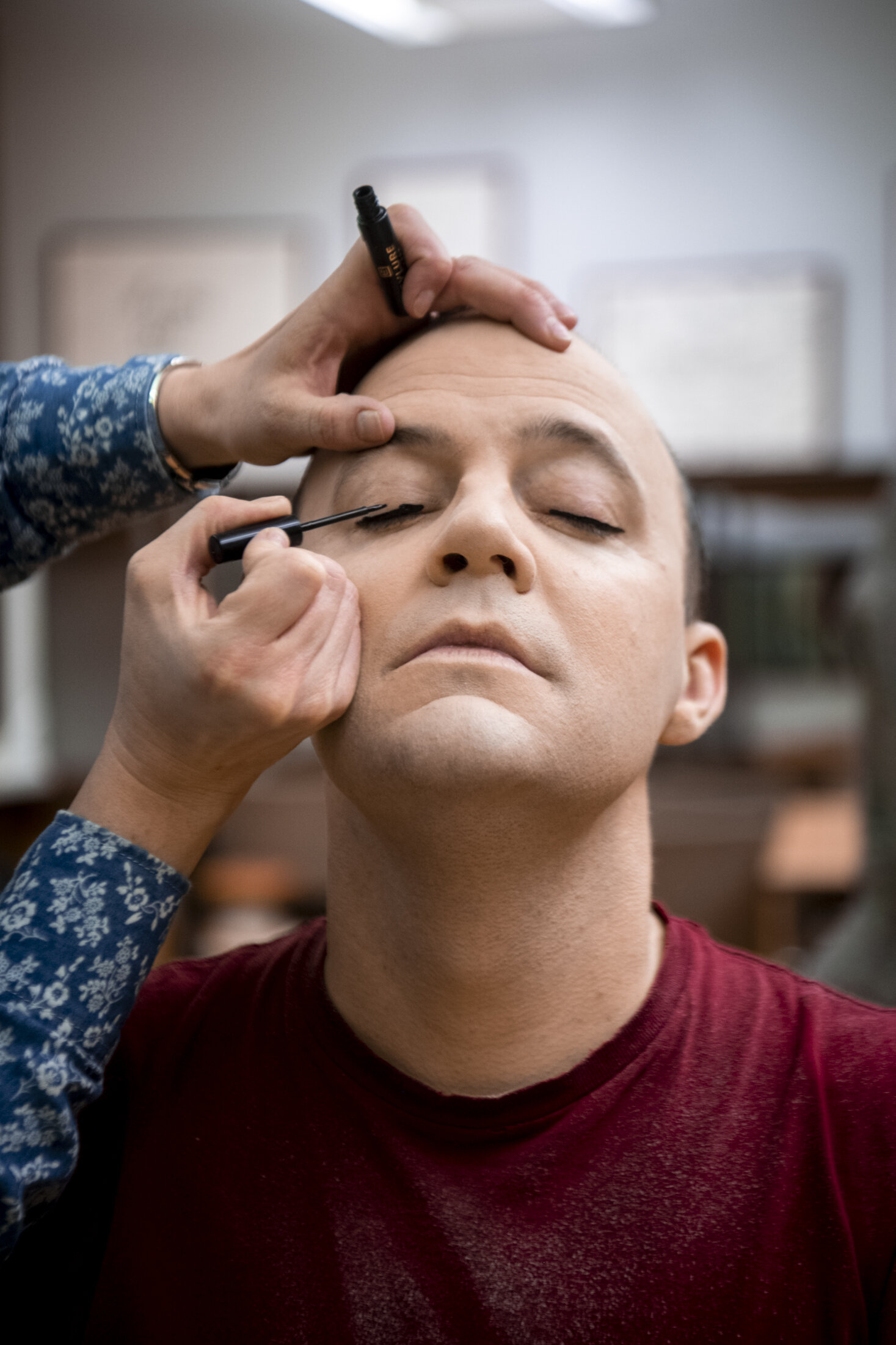  Brennan Buhl, an actor with Missoula Children’s Theater, puts the final touches on his makeup before a rehearsal, Jan. 14, 2020 in Missoula, Mont.      