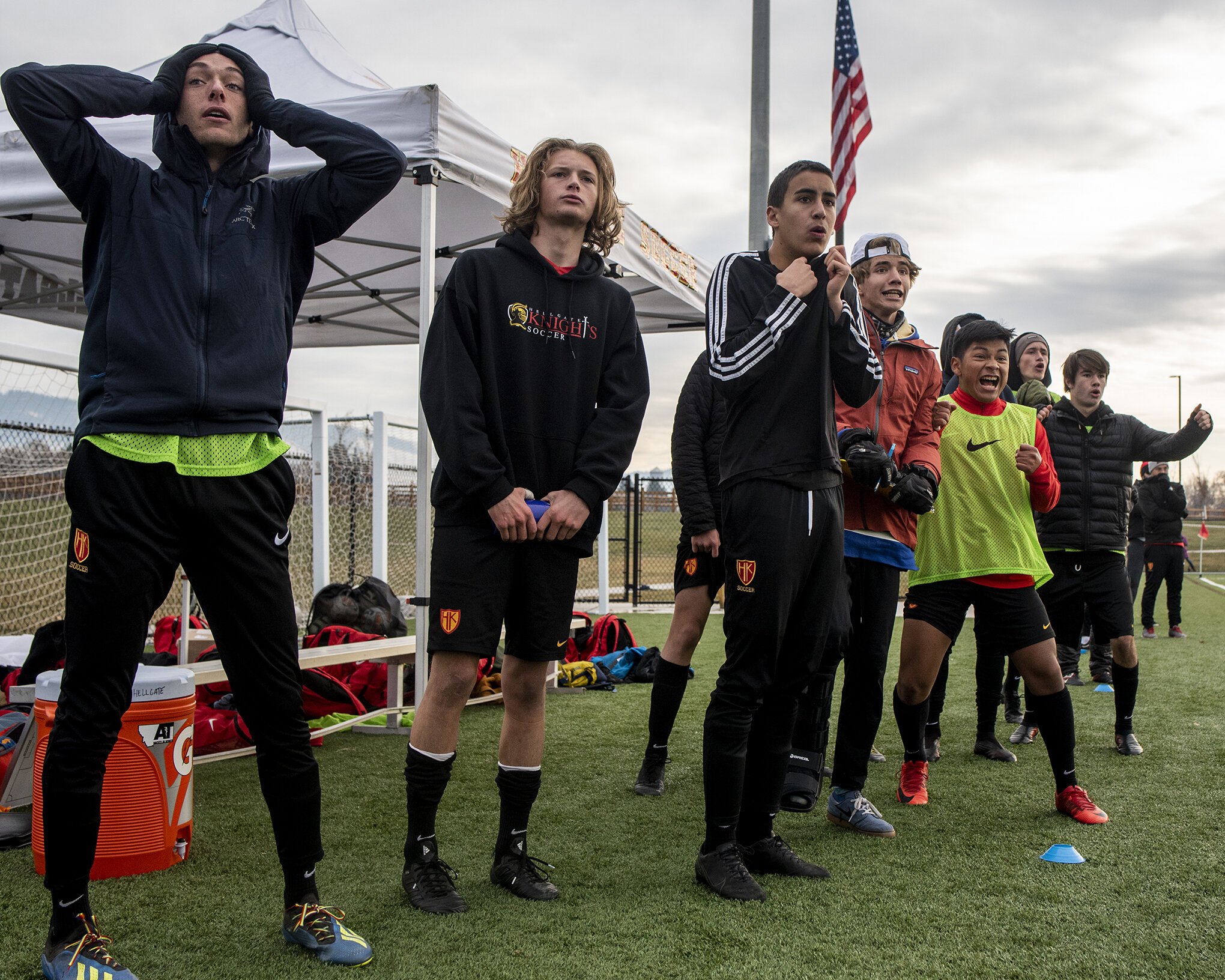 Hellgate soccer players watch anxiously of their team's attack from the sideline during their Class AA state final match against Bozeman at Fort Missoula, Nov. 2, 2019 in Missoula, Mont. 