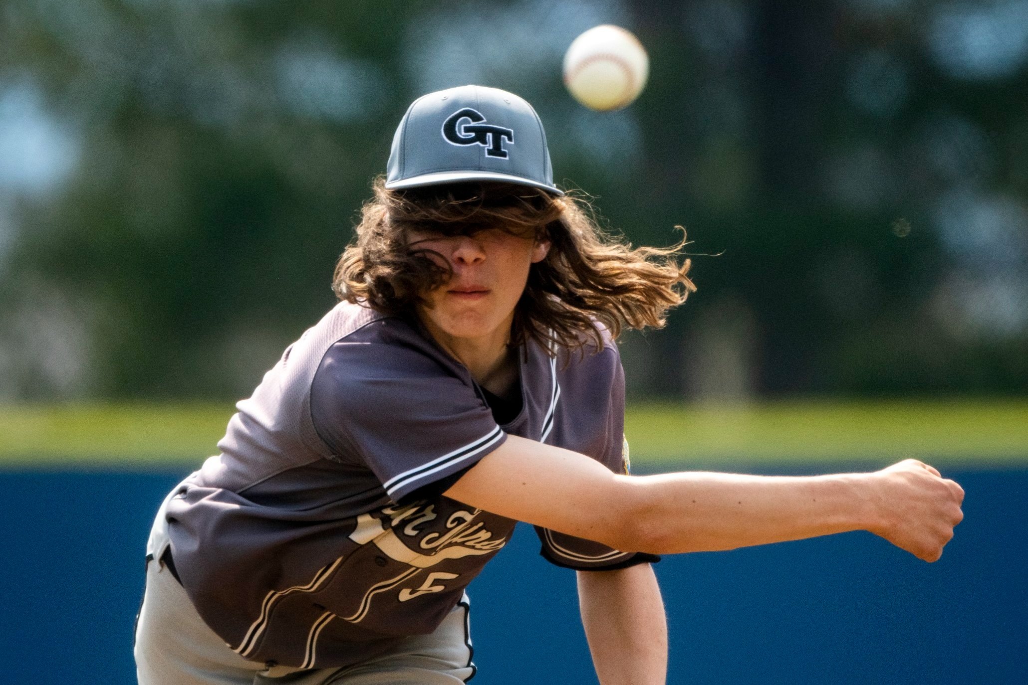  Glacier’s George Robbins (5) delivers from the mound during their baseball game at Lindborg-Cregg Field, Sunday, April 18, 2021 in Missoula. 