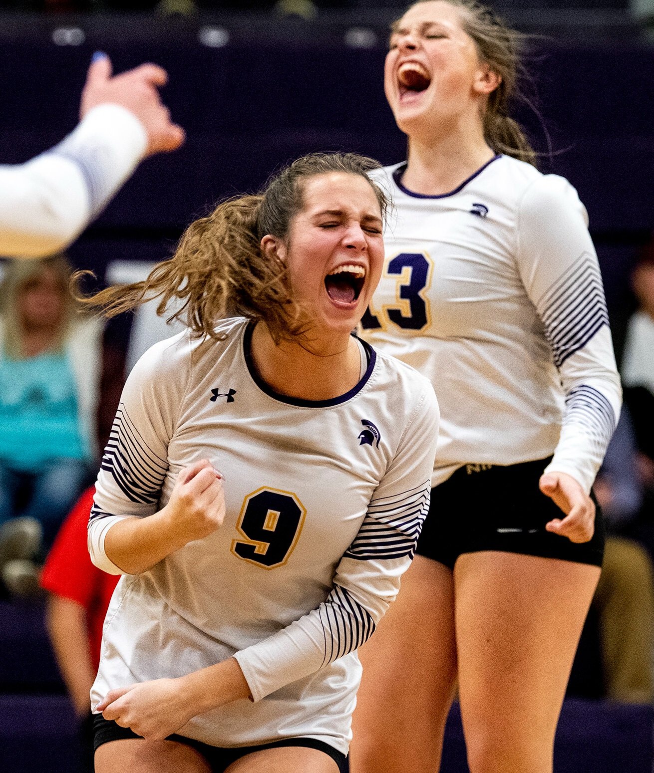  Sentinel's Alexis Umland (9) celebrates after scoring during their volleyball match at Sentinel High School, Oct. 31, 2019 in Missoula, Mont.  