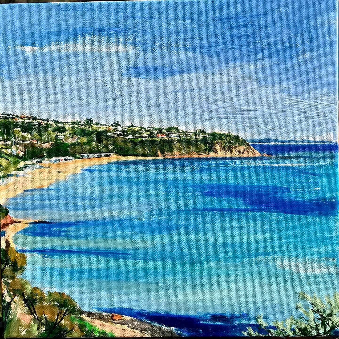 Almost finished!  Great day painting in the sun yesterday.  Just got some details on the beach huts to go on this view of Mount Martha from Bird Rock Beach. Follow my en plein air oil painting at @jillmcfarlaneart.  Paintings coming soon to @artisans