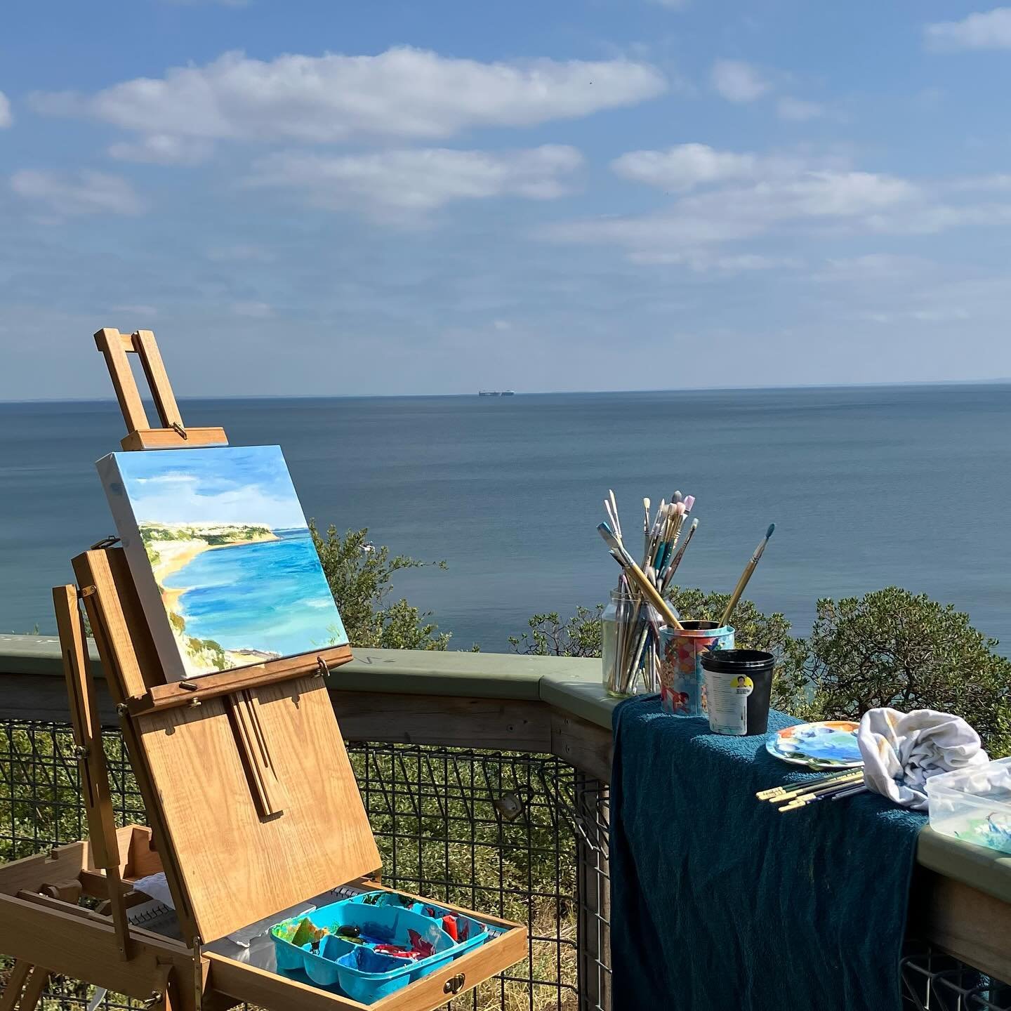 My other artistic side en plein air oil painting. Perfect day yesterday for this first sitting of view to Mount Martha Beach from Bird Rock Beach.  Follow my oil paintings @jillmcfarlaneart #colourmeadow #jillmcfarlaneart #enpleinairpainting #oilpain