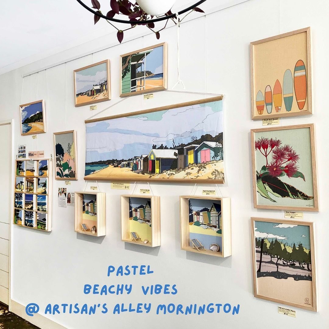 New display on my wall @artisans_alley_mornington - lots of pastel, beachy shades in these pieces plus a &lsquo;one off&rsquo; pure linen wall hanging of Mount Martha Beach ❤️ #colourmeadow #artisansalleymornington #beachyart #beachshackstyle #beachh