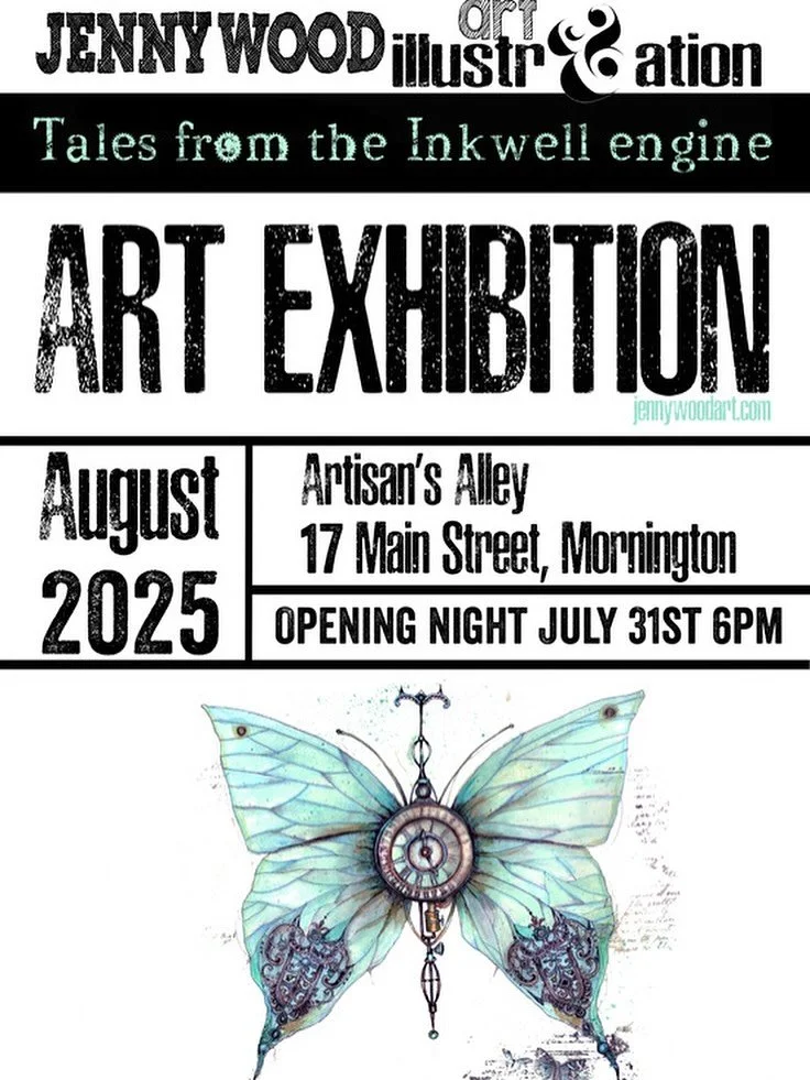 Come to @artisans_alley_mornington from 6pm this Thursday 31st August for my friend and fellow artist Jenny Wood&rsquo;s amazing new exhibition of Steam Punk inspiration work.  I can&rsquo;t wait!! ❤️❤️ #colourmeadow #artisansalleymornington #jennywo