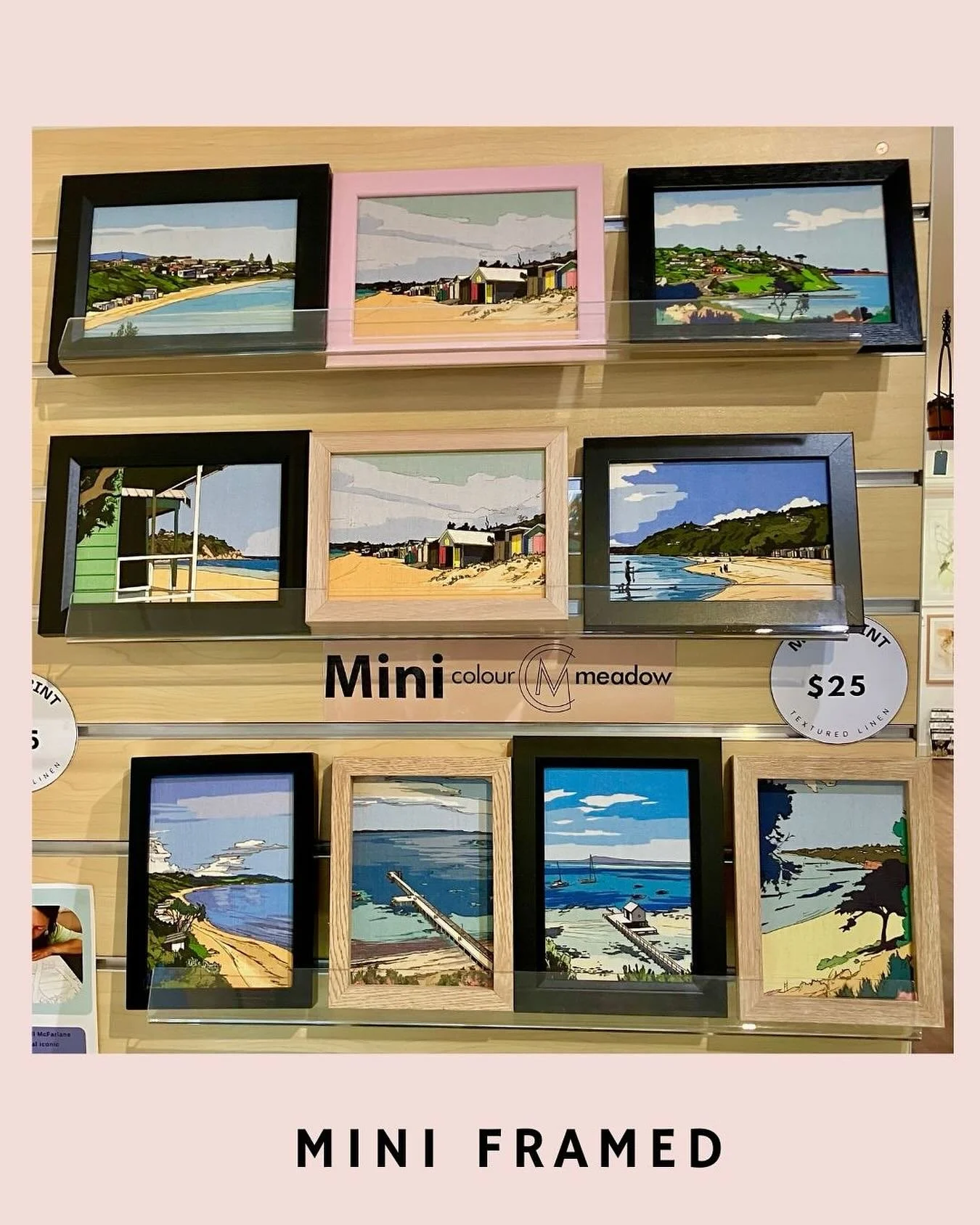 Mini Framed Linen prints available @artisans_alley_mornington - very cute, very Mornington Peninsula and very affordable 💕 #colourmeadow #artisansalleymornington #morningtonpeninsula #mainstreetmornington #mountelizaartist #affordableart