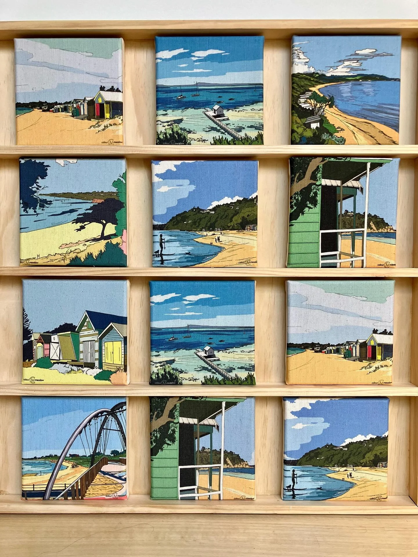 Mini Mornington Peninsula with my range of mini canvases ❤️ #colourmeadow #morningtonpeninsula #midcenturystyle #affordableart #mountelizaartist #morningtonpeninsulaartist
