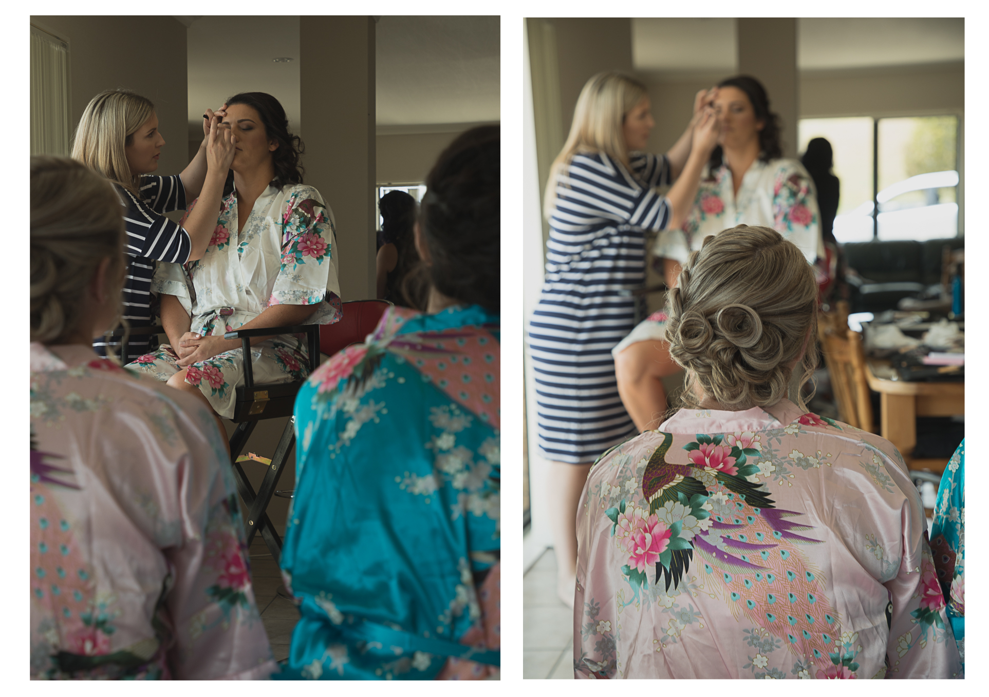 bridesmaids watching bride get her wedding makeup done