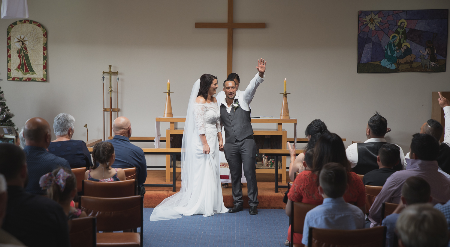 bride and groom after first kiss during wedding ceremony
