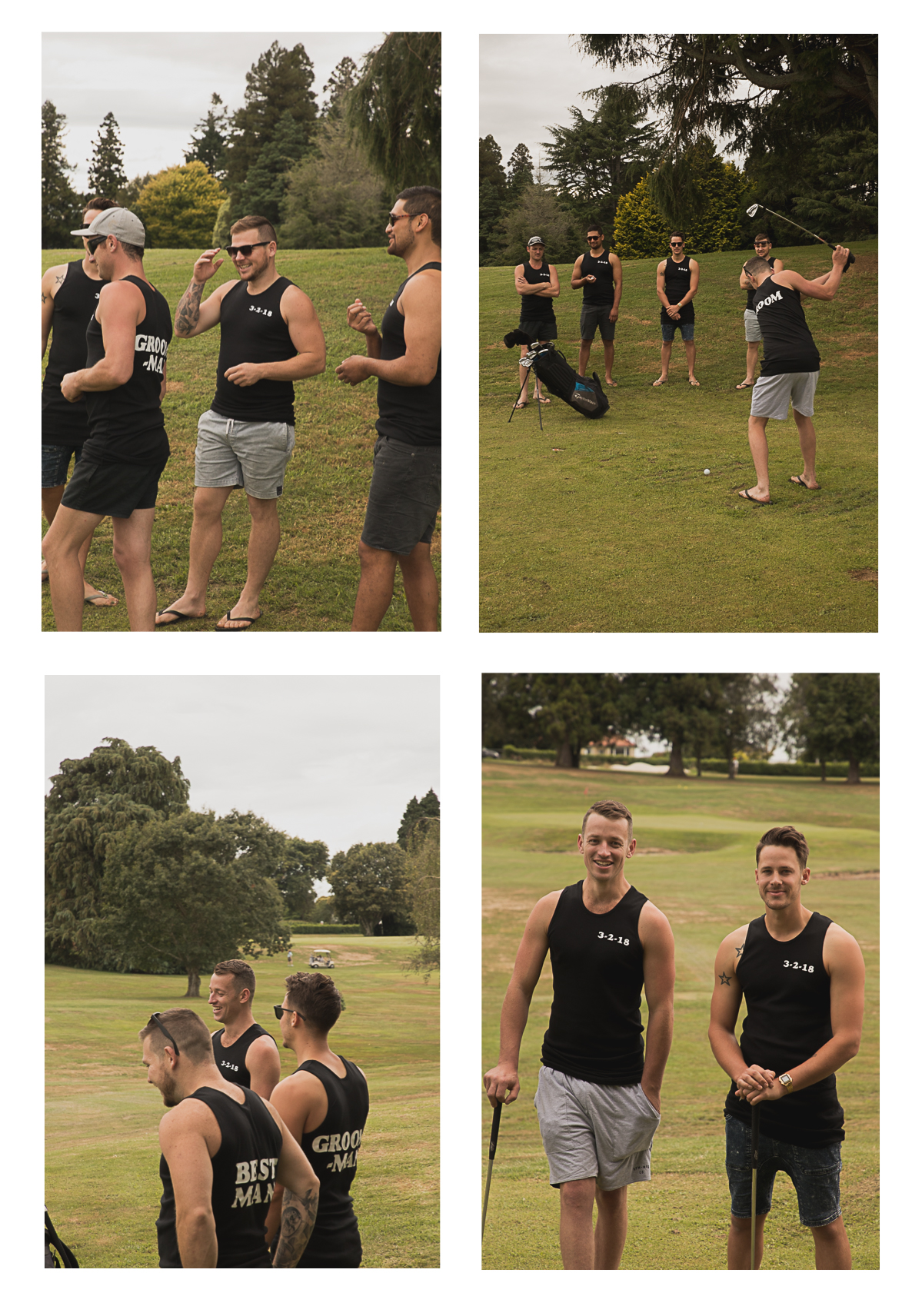 groomsmen playing golf on wedding day