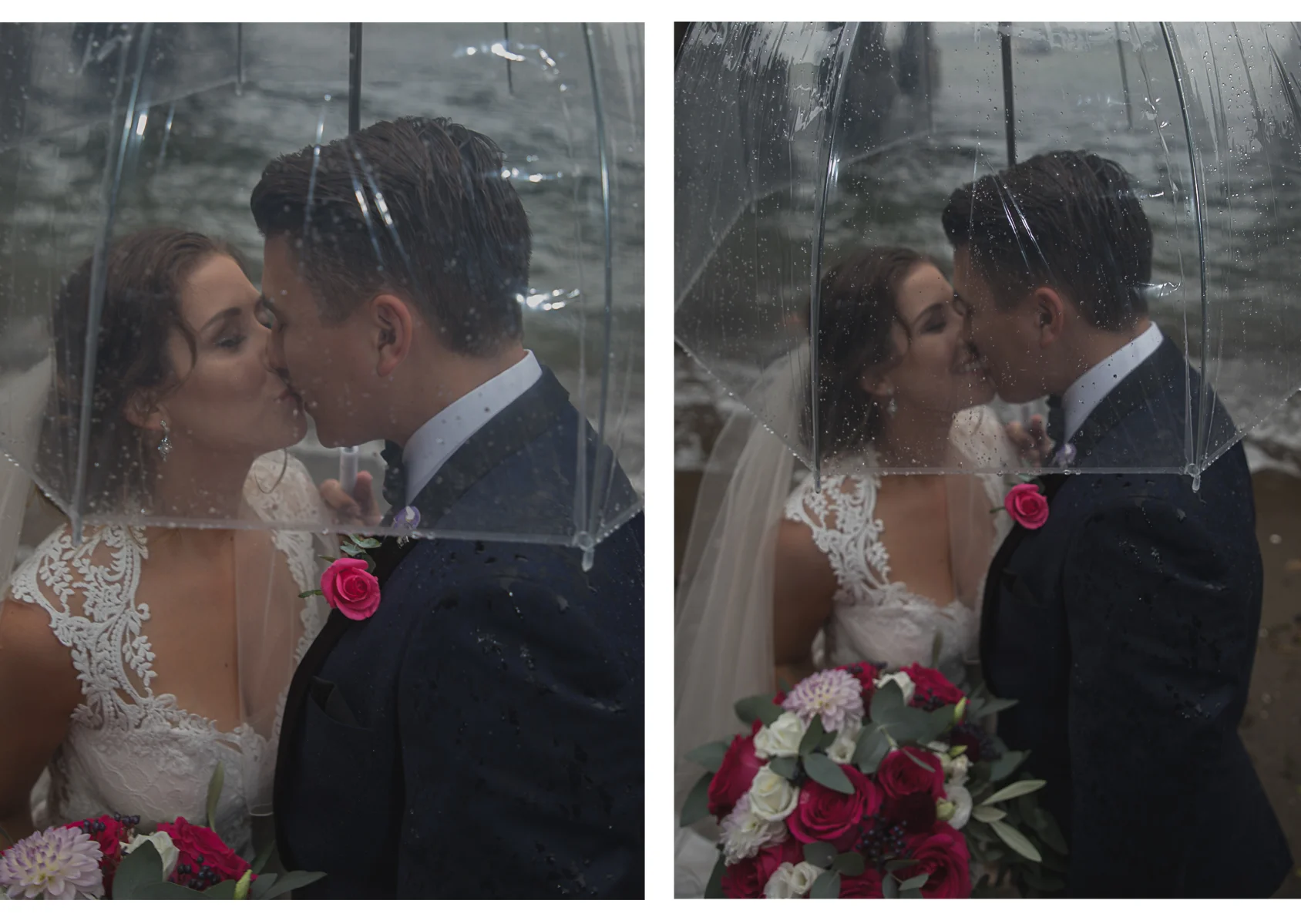 bride and groom kissing under umbrella