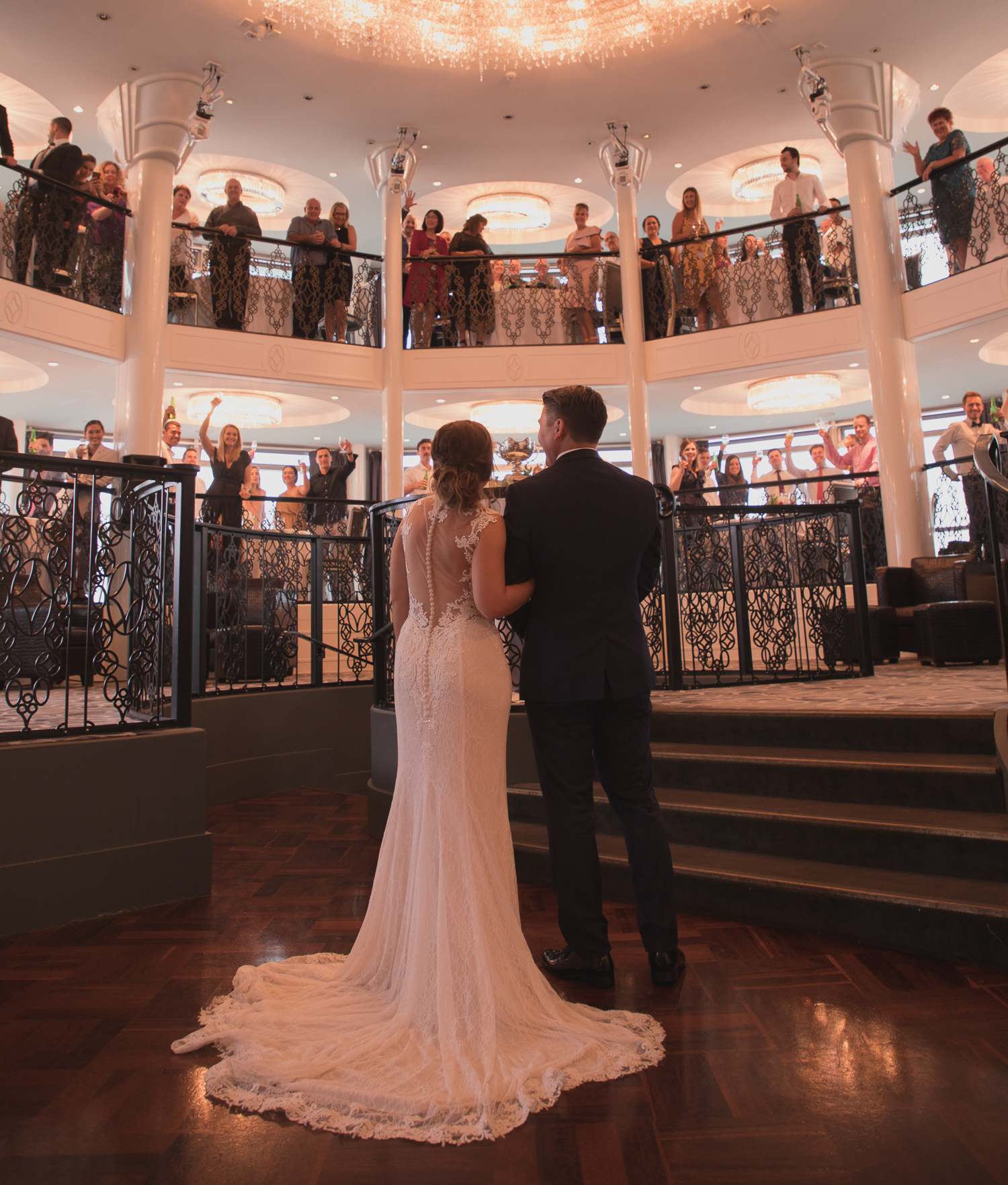 bride and groom talking to all their guests