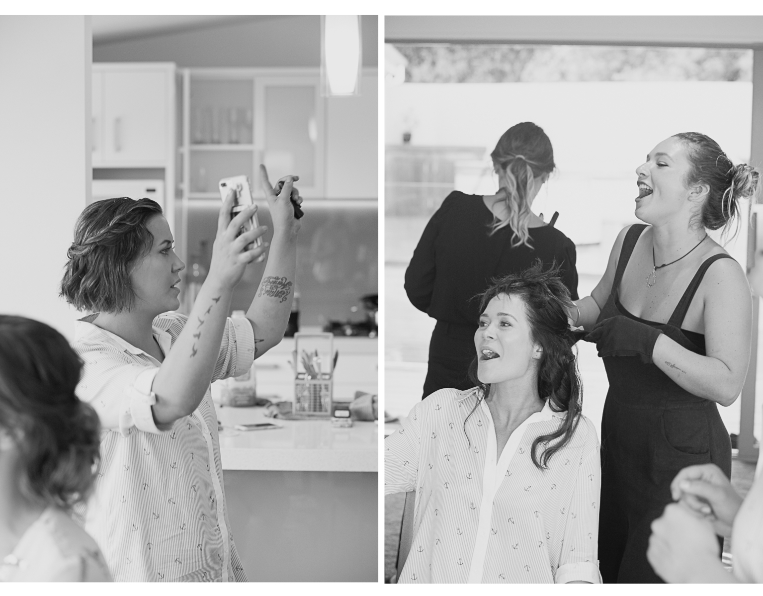 bridesmaids having fun getting ready for wedding