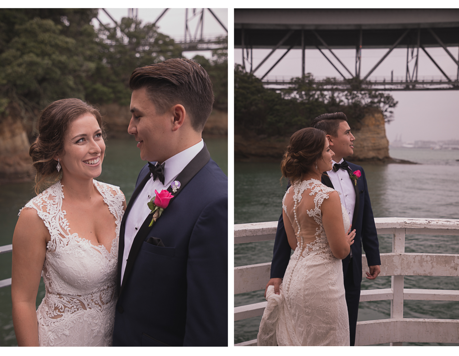 bride and groom together under Auckland Harbour Bridge