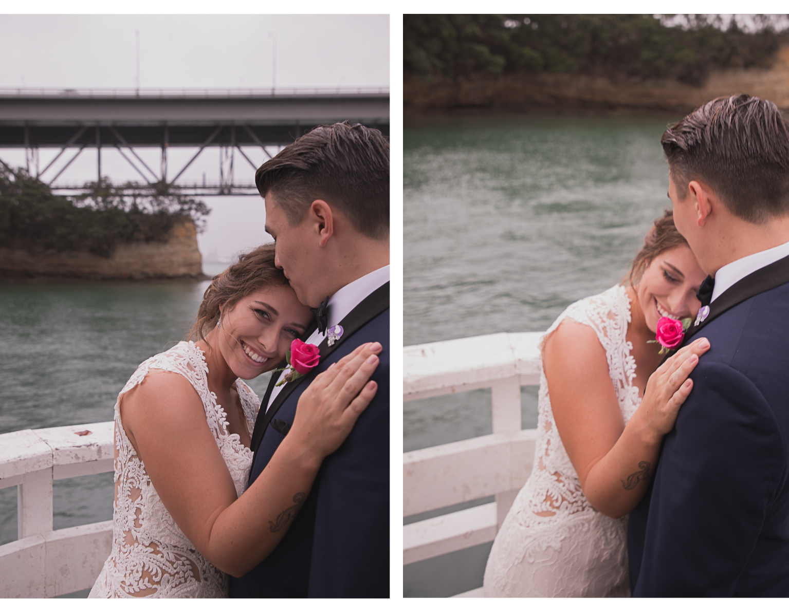 bride and groom together under Auckland Harbour Bridge