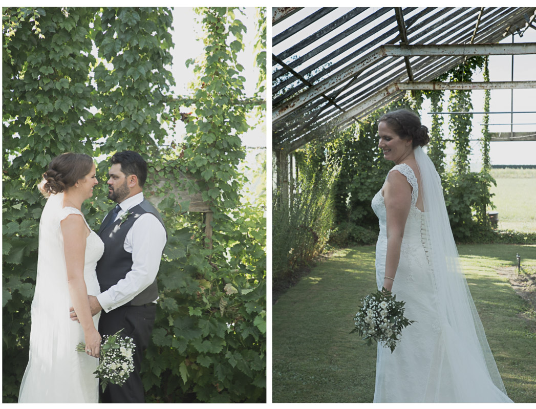 bride and groom in abandoned glasshouse on wedding day