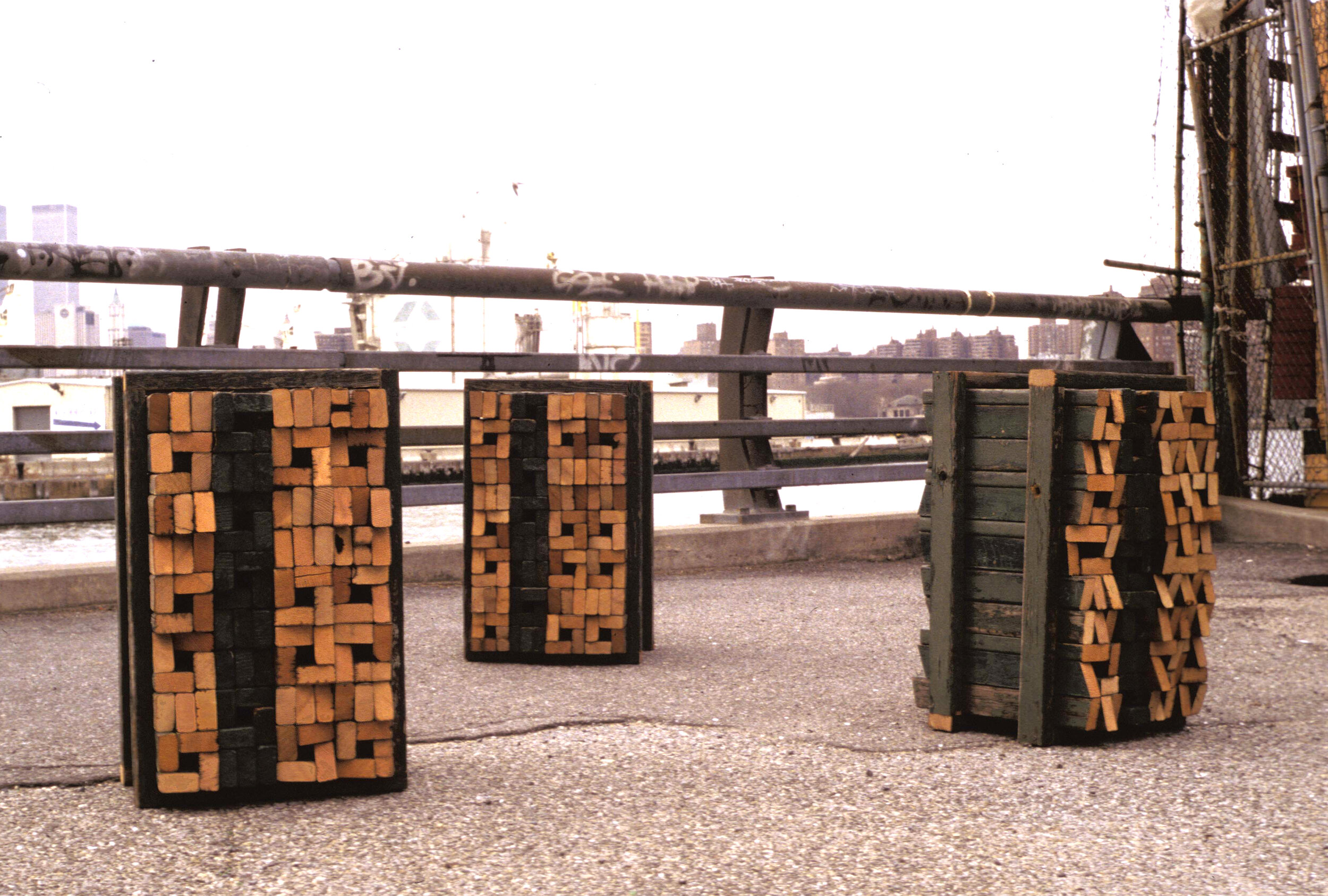 Broken Line, Found park bench timber, cut and reconfigured, Pratt Institute, Brooklyn, NY, 1998