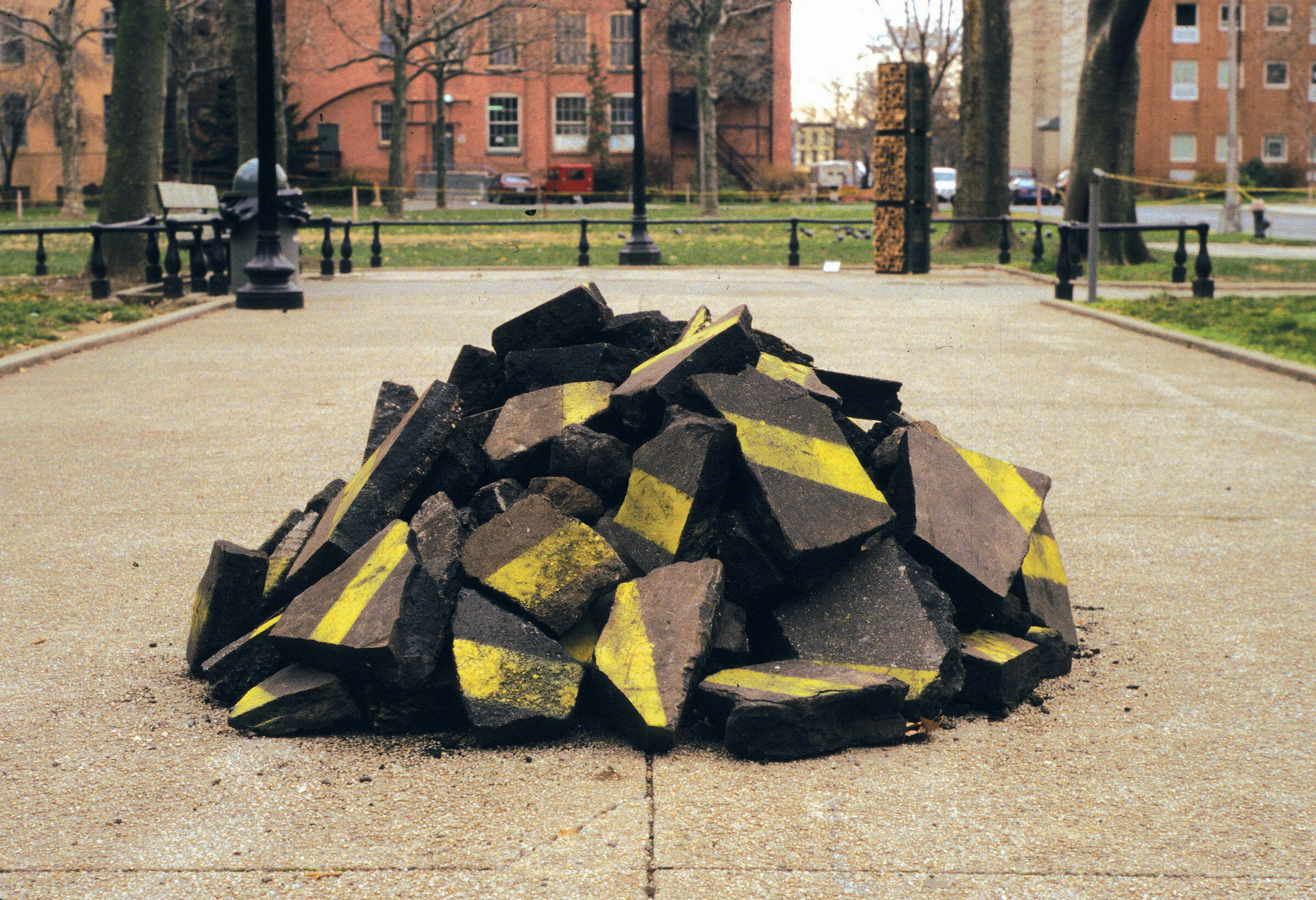 Broken line, recovered yellow line from broken asphalt road, Pratt Institute, Brooklyn, NY, 1998