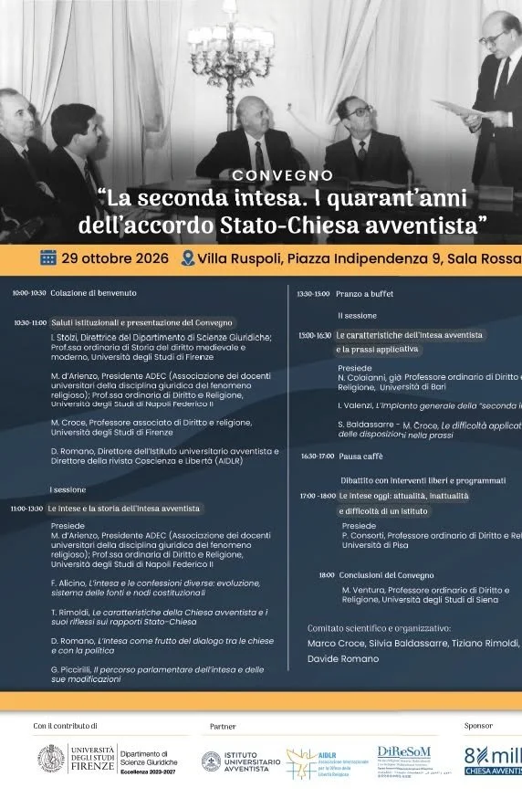 LIREC PARTECIPA A Convegno: La Seconda Intesa. I Quarant’anni dell’accordo Stato-Chiesa Avventista