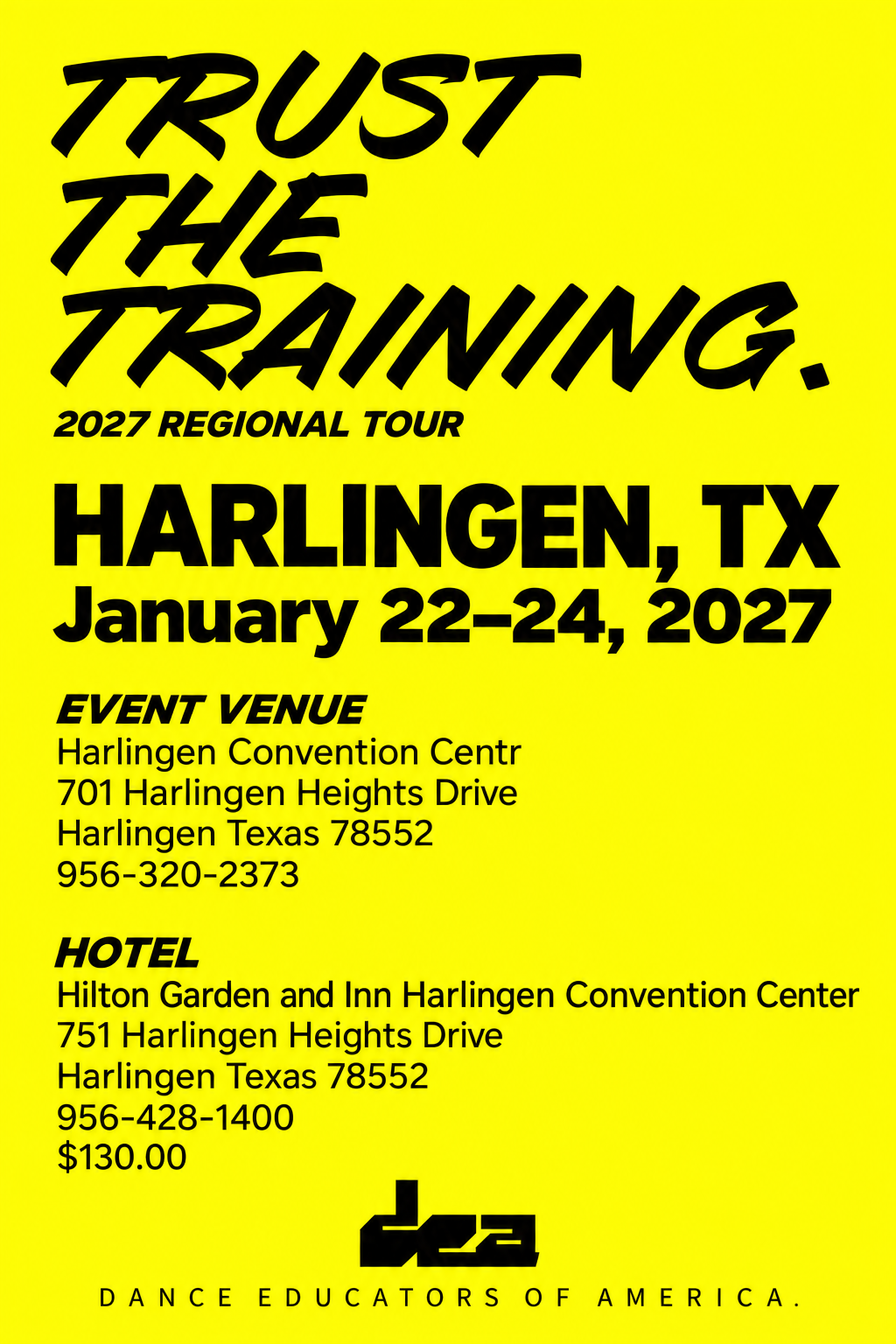 Harlingen, TX | January 22–24, 2027. Venue: Harlingen Convention Center. Hotel: Hilton Garden and Inn Harlingen Convention Center, 956-428-1400, $130.00. Full venue and hotel addresses are shown on the poster.