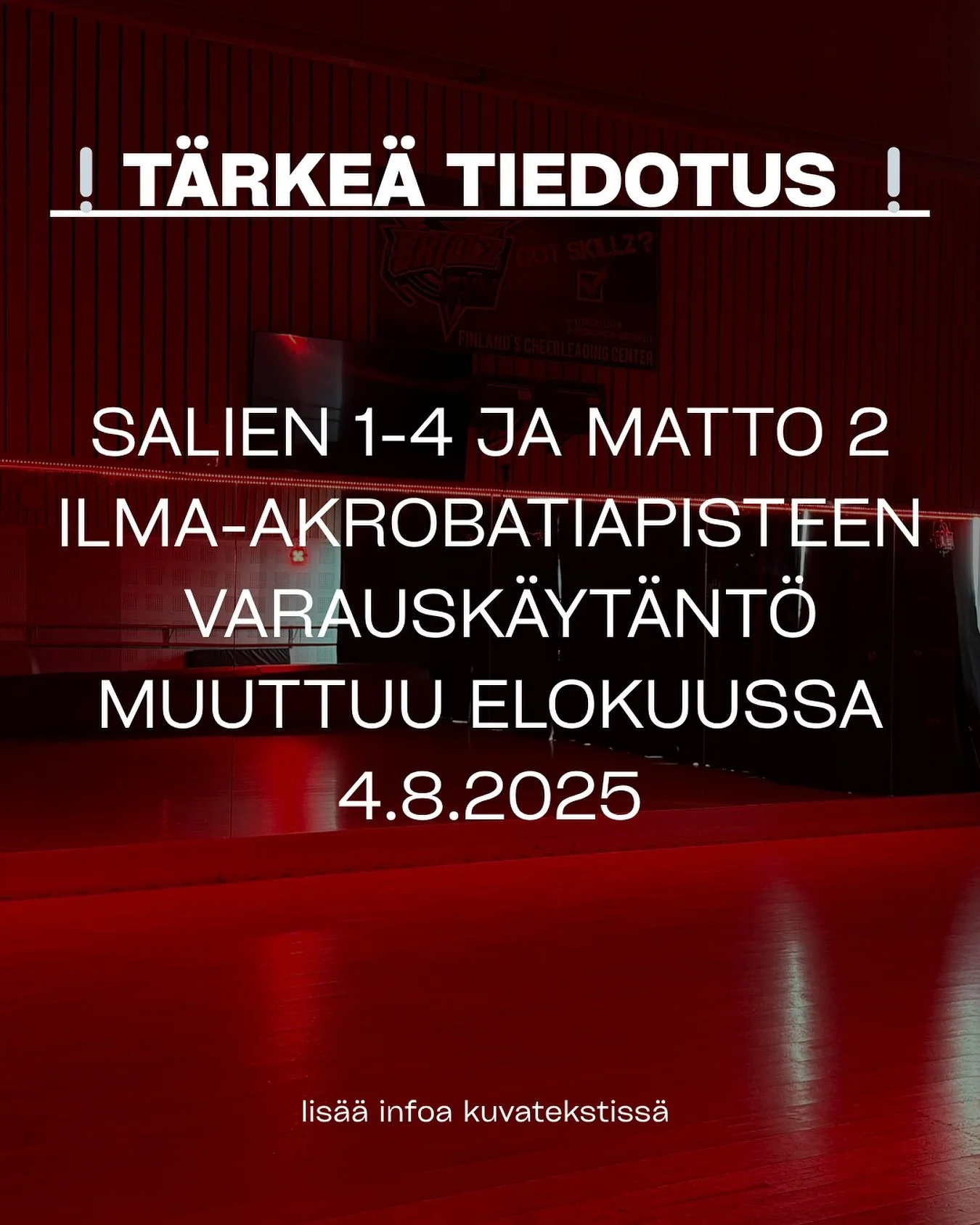 Skillz Gym ottaa elokuussa (4.8.2025) k&auml;ytt&ouml;&ouml;n maksulliset vapaaharjoitteluvaraukset. Ilmaisia vapaaharjoitteluvarauksia voi kuitenkin etuk&auml;teen tehd&auml; 10.8.2025 asti.

Samalla otetaan k&auml;ytt&ouml;&ouml;n varaus-sovellus, 