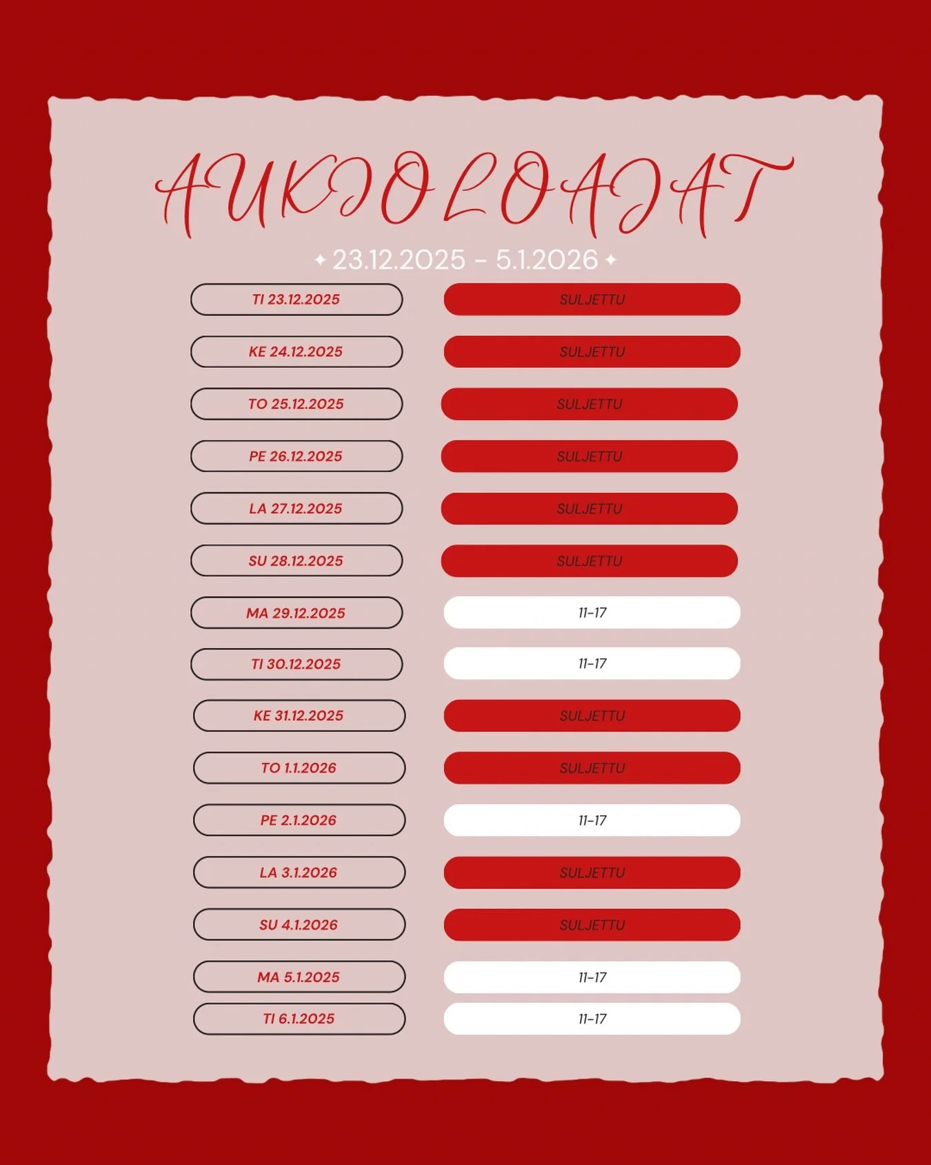 Skillzgym &amp; Sportiro toivottavat kaikille rauhallista ja rentouttavaa joulua 🎄❤️

Liikuntahalli sek&auml; myym&auml;l&auml; palvelevat seuraavan kerran maanantaina 29.12. klo 11&ndash;17 🗓️

Muut poikkeavat aukioloajat l&ouml;yd&auml;t kuvasta 