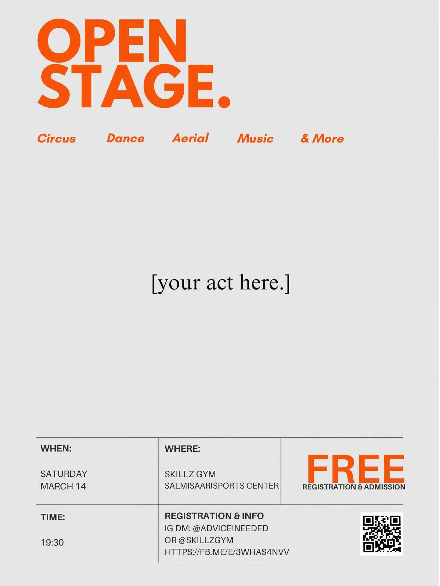 ✨ Performer registration is open! ✨
Join us with ease &ndash; all skill levels and performances are welcome!

💡 What can you perform?
Dance, aerials, acrobatics, circus &ndash; whether you&rsquo;re a beginner or a pro.

🎟️ Free to join!
Practice be