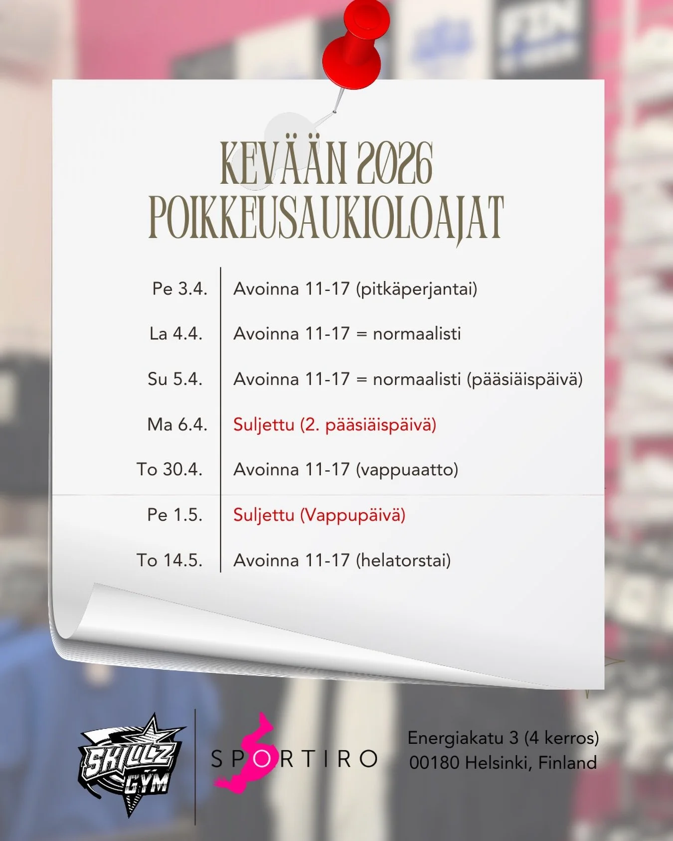 Kev&auml;&auml;n 2026 poikkeusaukioloajat 🌸

Tarkista p&auml;&auml;si&auml;isen ja vapun aikataulut etuk&auml;teen ☝🏼

#sportiro #skillzgym