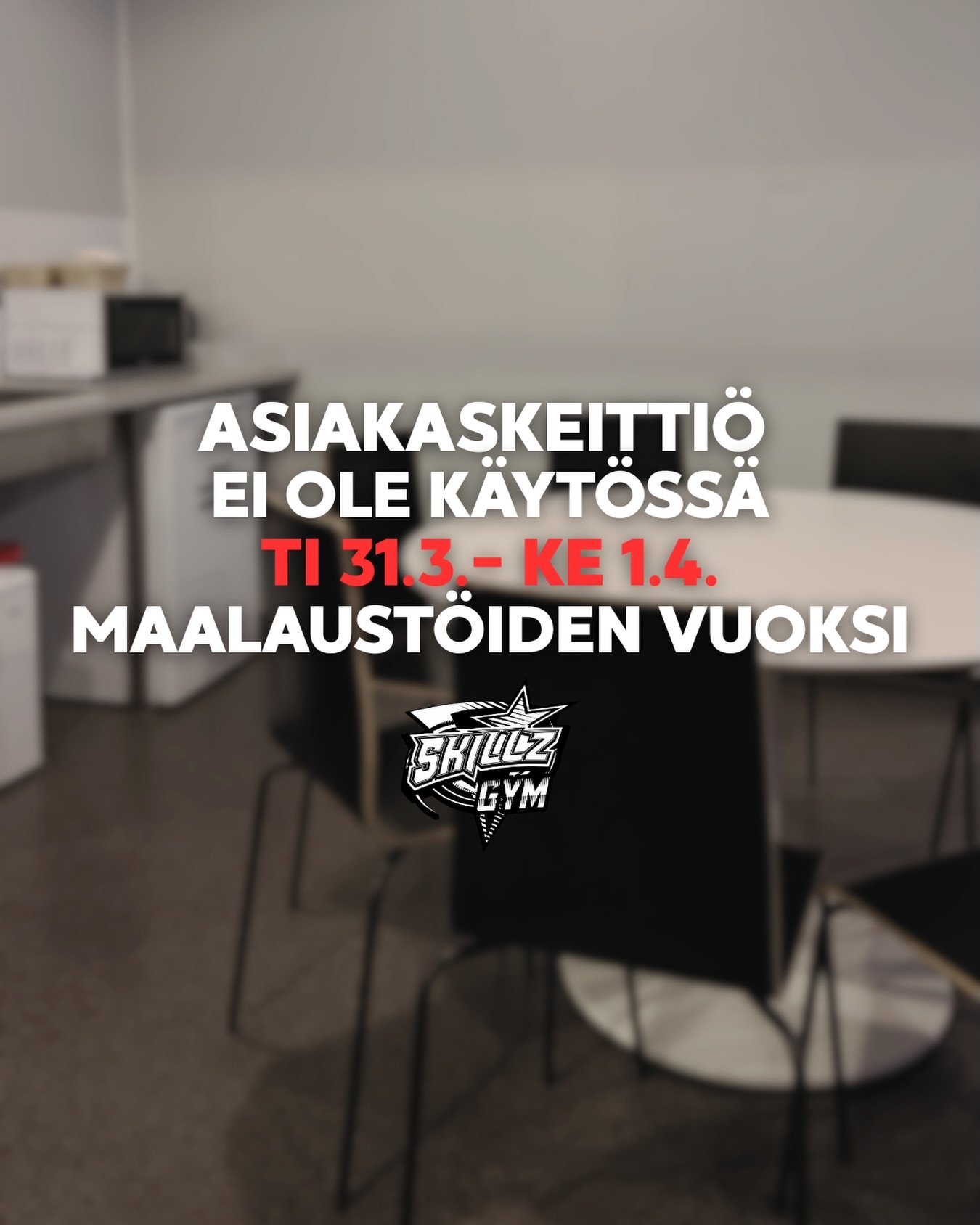ASIAKASKEITTI&Ouml; EI OLE K&Auml;YT&Ouml;SS&Auml; TI 31.3. - KE 1.4. MAALAUST&Ouml;IDEN VUOKSI! 🎨

Huomioittehan t&auml;m&auml;n kun tulette vapaaharjoittelemaan.🤸🏽&zwj;♀️

#skillzgym