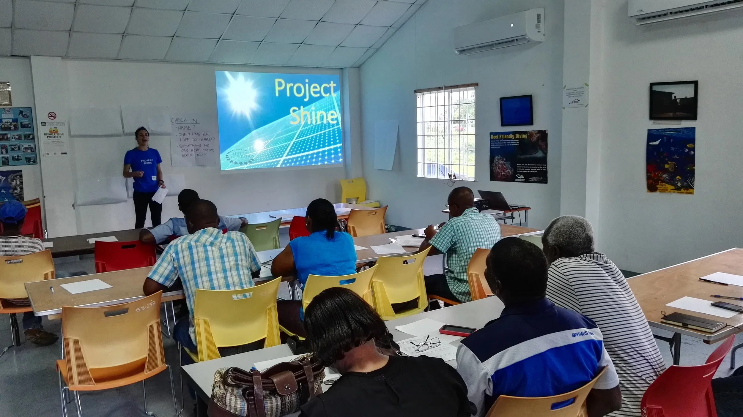 Kick off workshop for Project Shine led by Alexis Tubb of the Clinton Foundation, Sav-la-Mar, Westmoreland, August 2017. This workshop focused on community members who were interested in solar technology and received non-certification training.