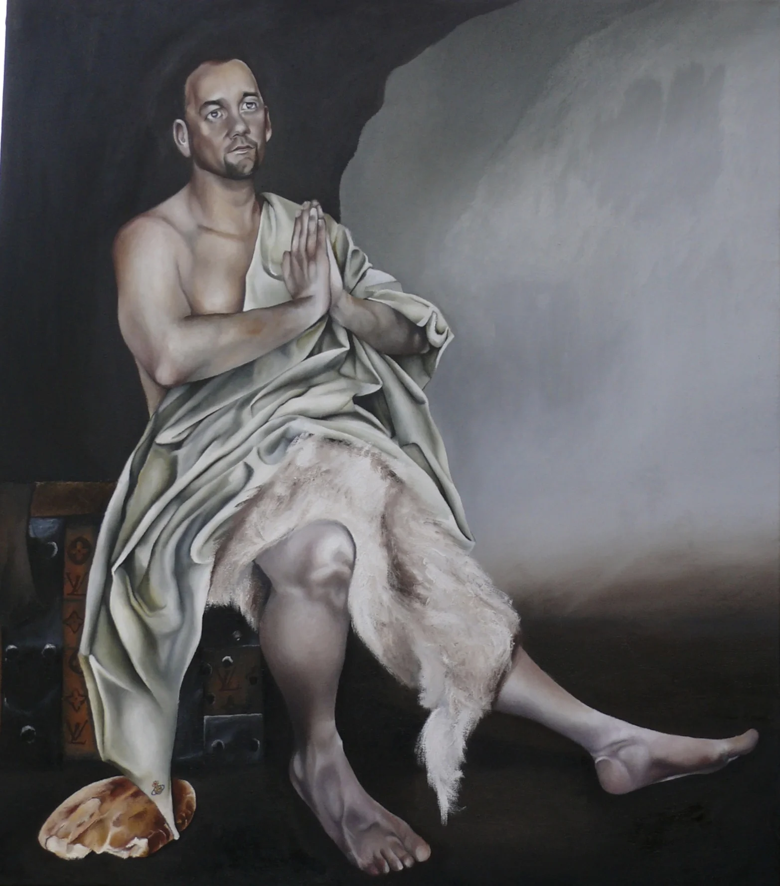 The 2009, 'Saints and Sinners' painting Brendan as 'Saint Paul the Hermit'. Paul holds patronage to the fashion industry. Brendan is a stylist and fashion designer. the bread and sheepskin is to represent 'Saint Paul' and the LV suitcase Brendan sits on is to represent #BrendanCourtney