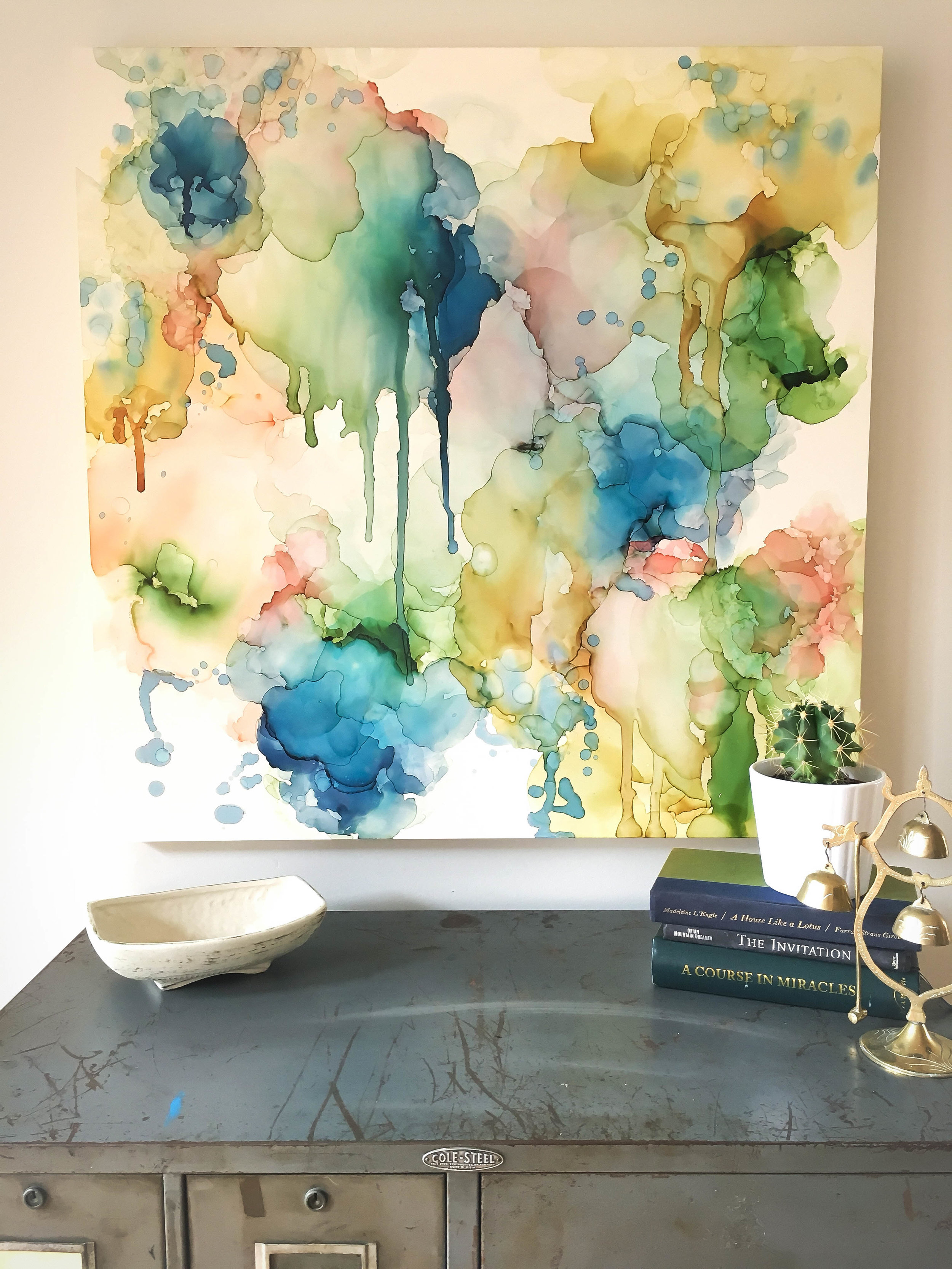 detail of balancing act mixed media alcohol ink abstract art by north carolina artist amanda moody