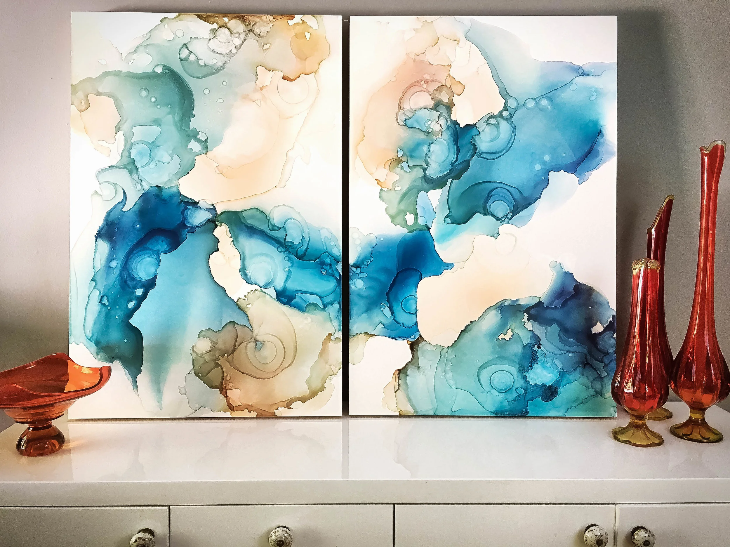 detail of capricorn ink diptych on Claybord by North Carolina abstract artist Amanda Moody