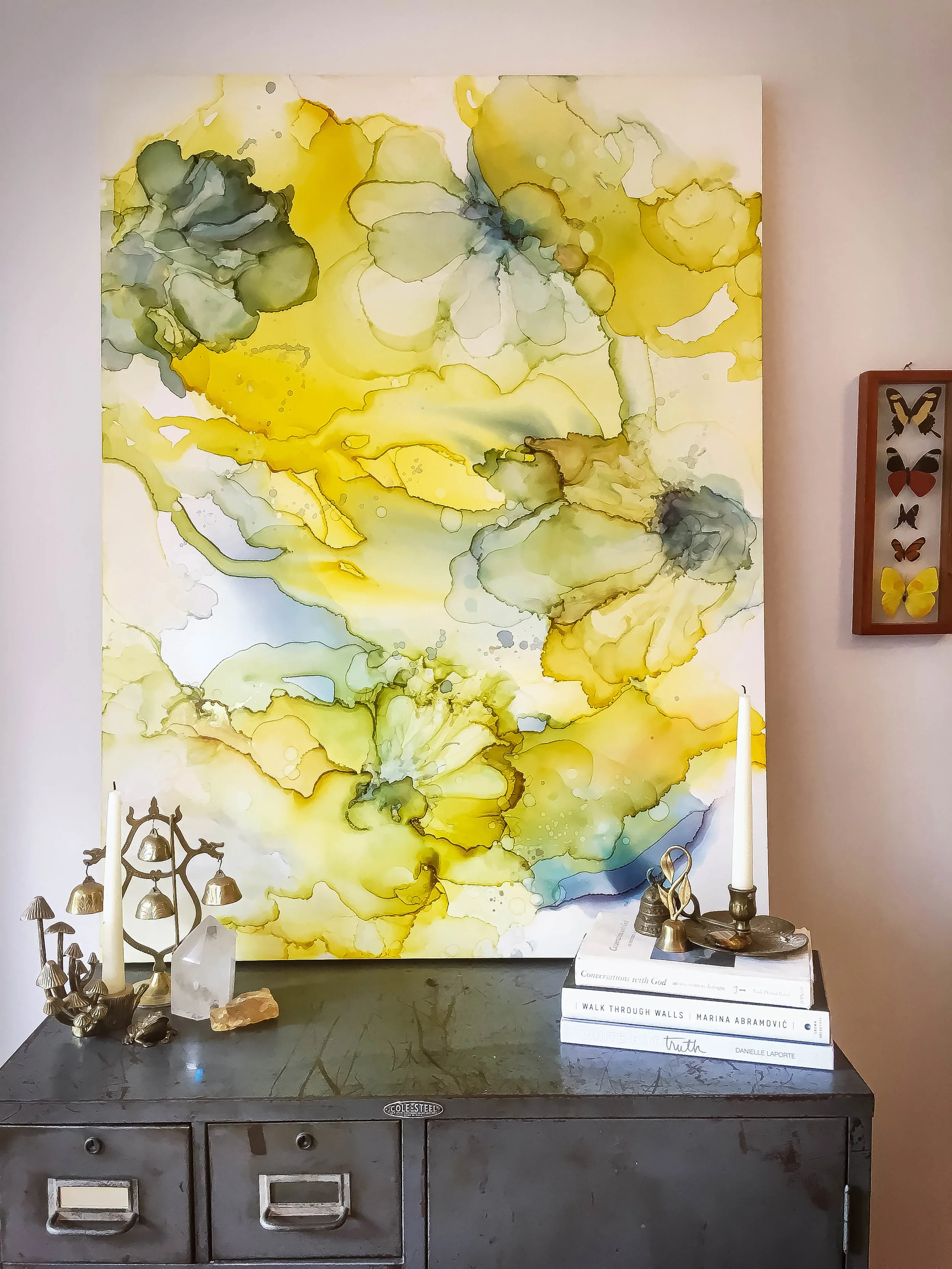detail of jonquil mixed media abstract art by north carolina artist amanda moody