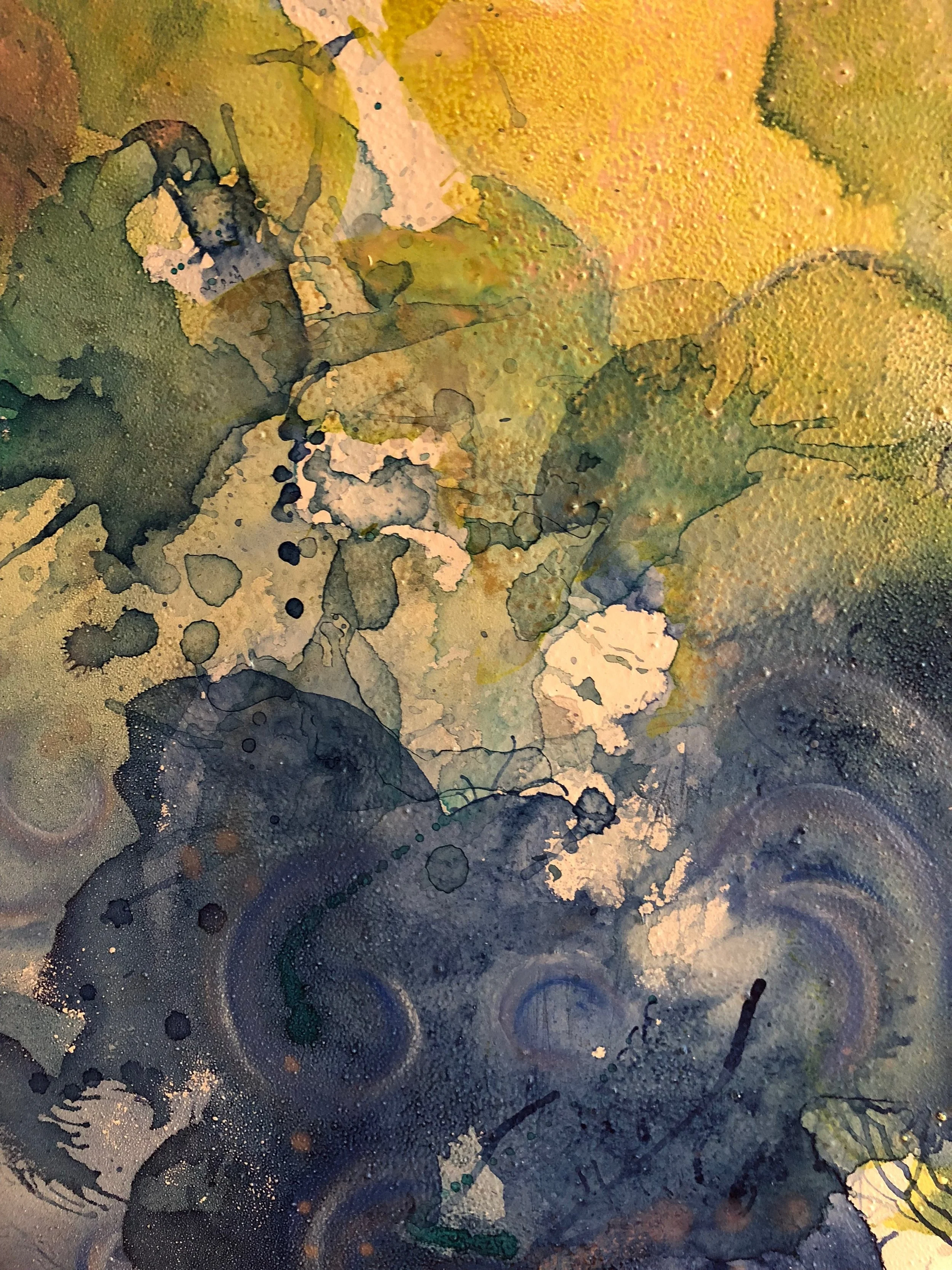 detail of gimme shelter mixed media surfboard art by north carolina abstract artist amanda moody