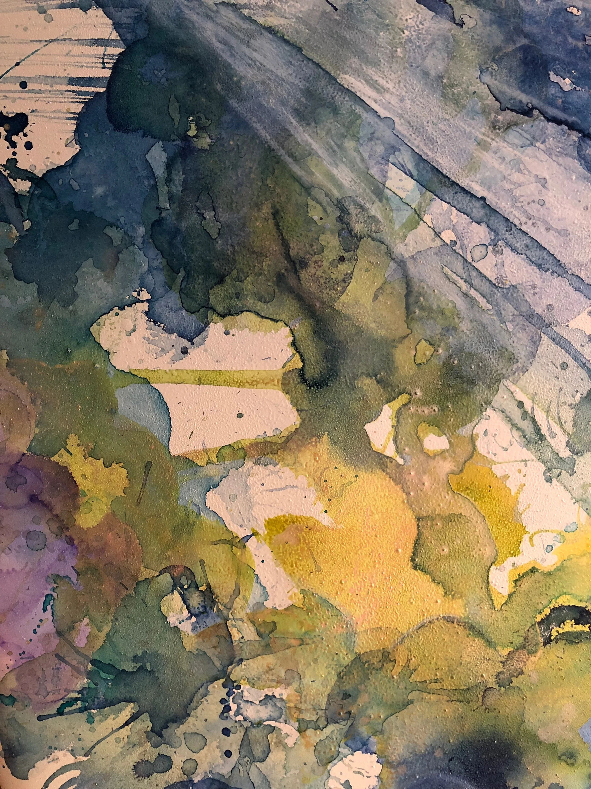 detail of gimme shelter mixed media surfboard art by north carolina abstract artist amanda moody