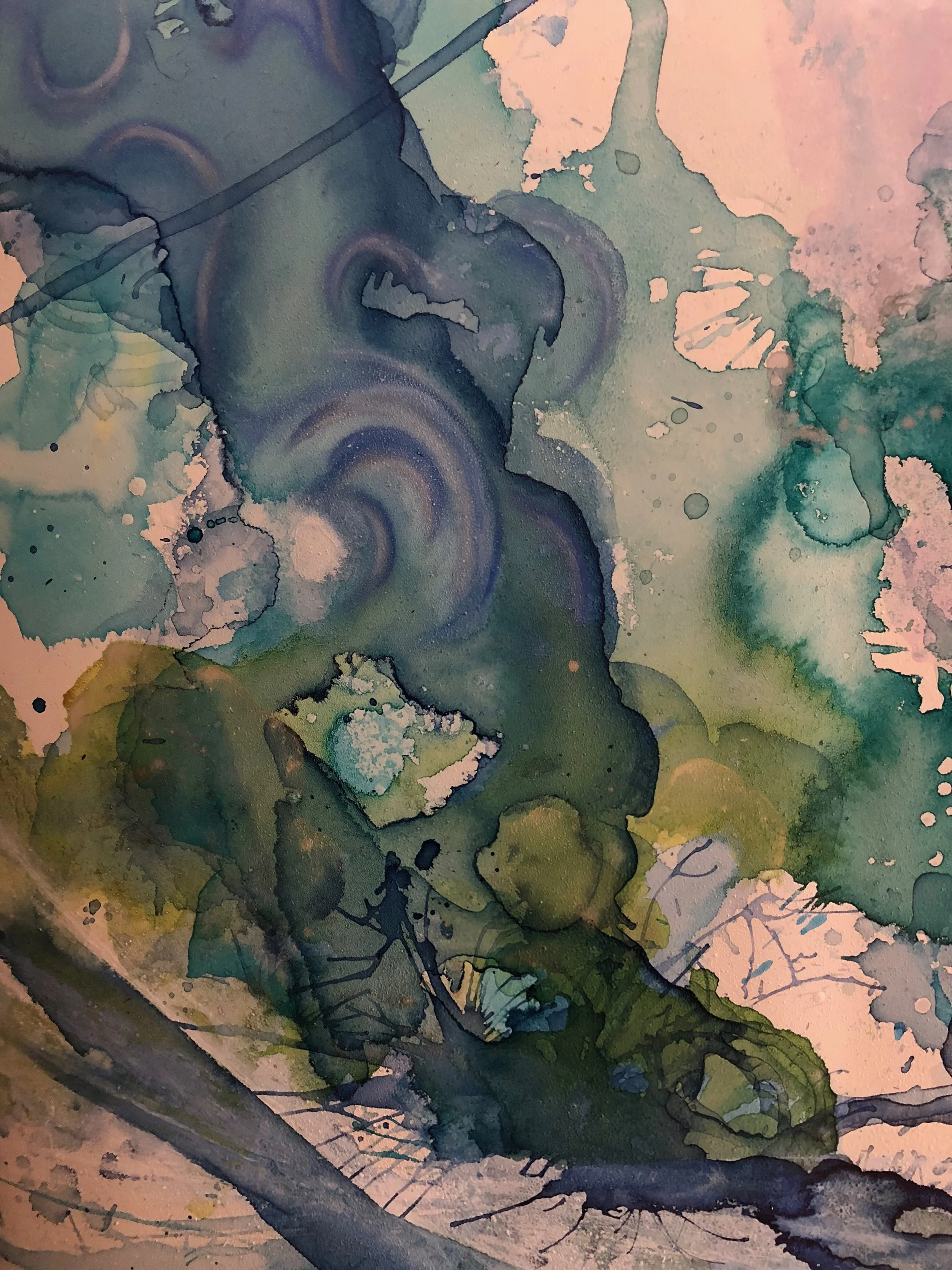 detail of gimme shelter mixed media surfboard art by north carolina abstract artist amanda moody