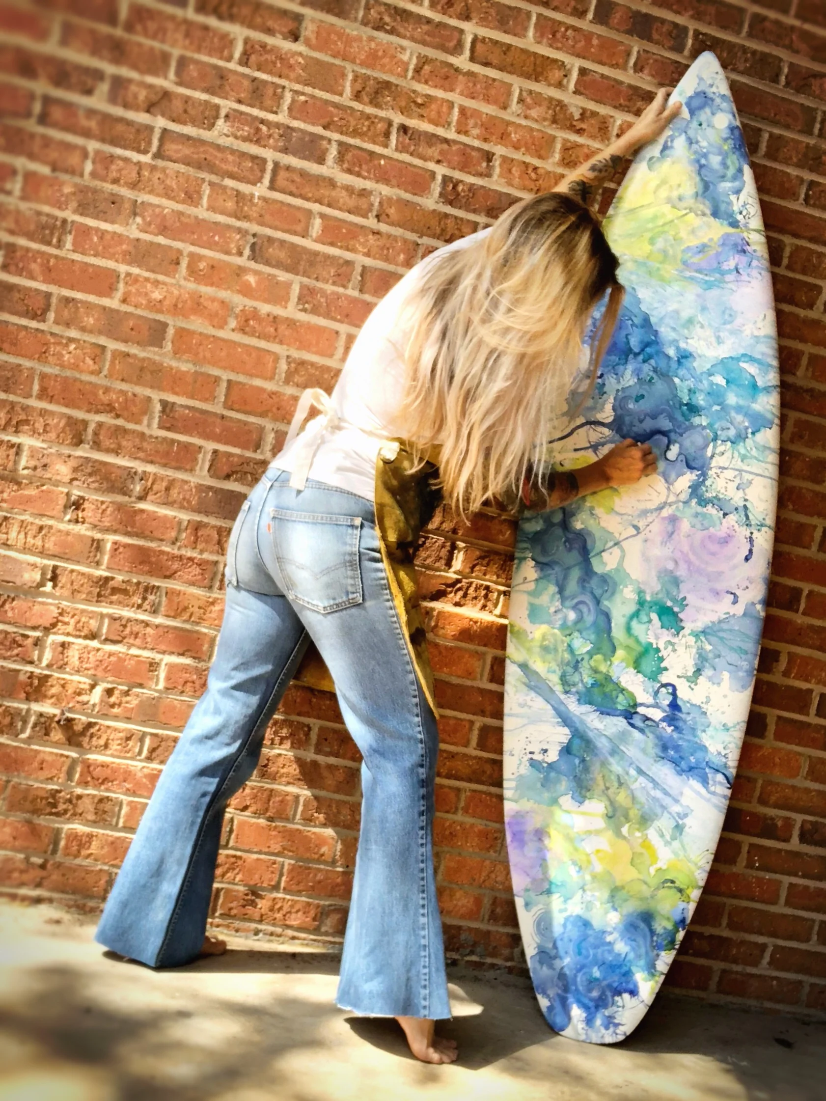 detail of gimme shelter mixed media surfboard art by north carolina abstract artist amanda moody